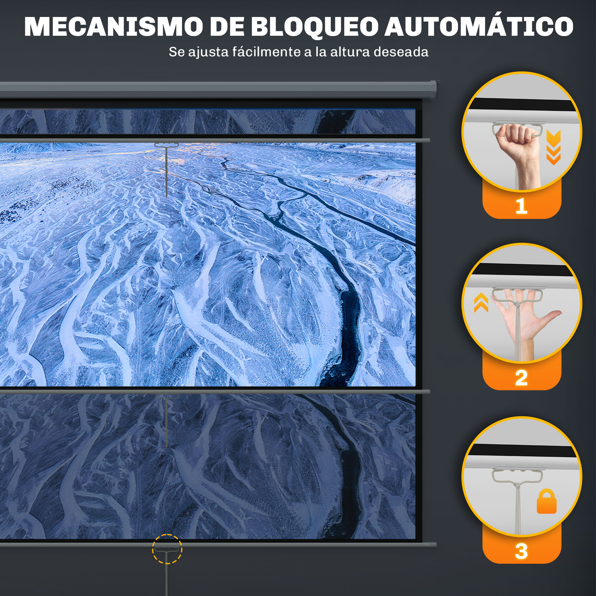 Diagrama muestra cómo ajustar una pantalla. Mano sosteniendo un asa. Símbolo de candado.