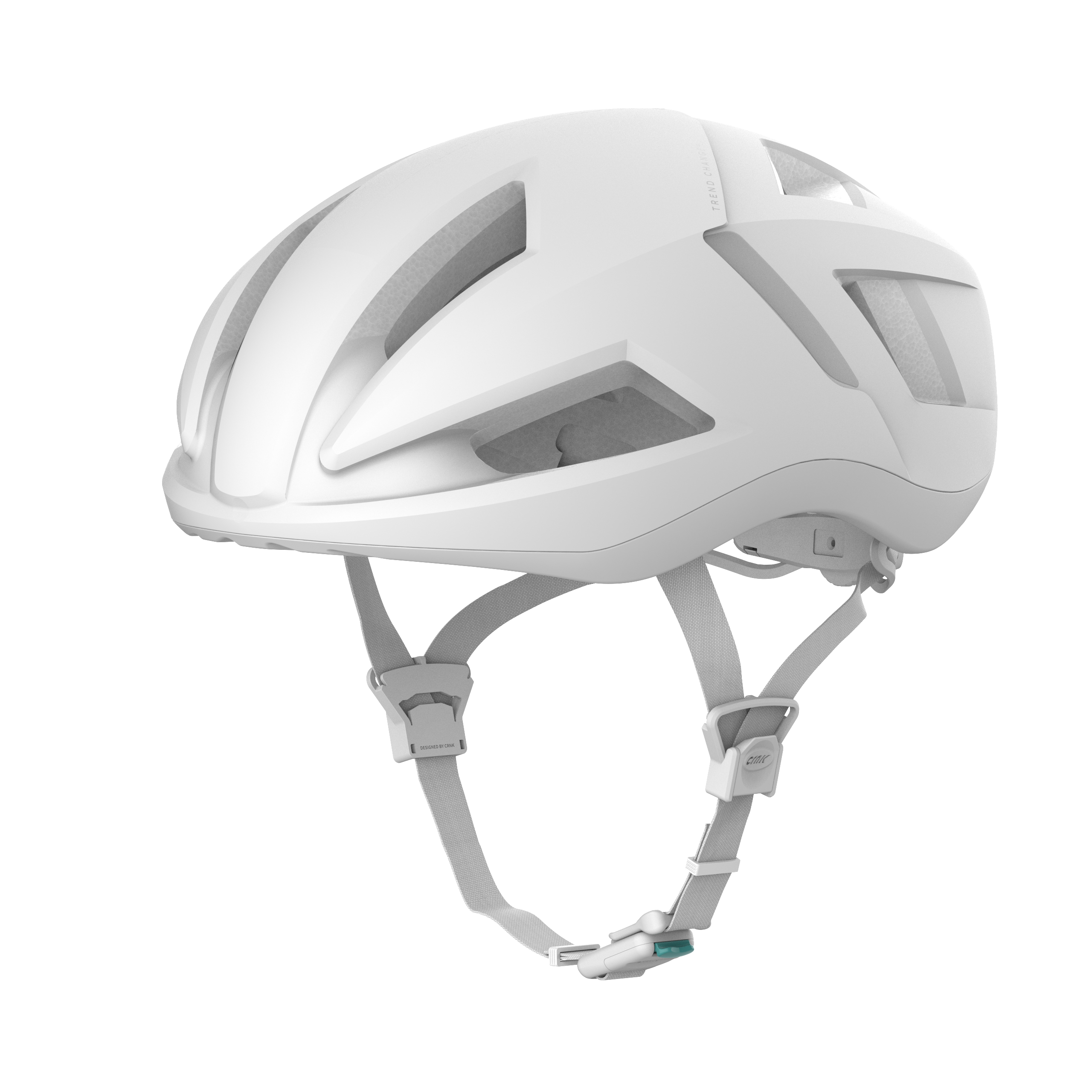 Weißer Fahrradhelm mit Riemen und Clip. Es ist für die Sicherheit konzipiert.