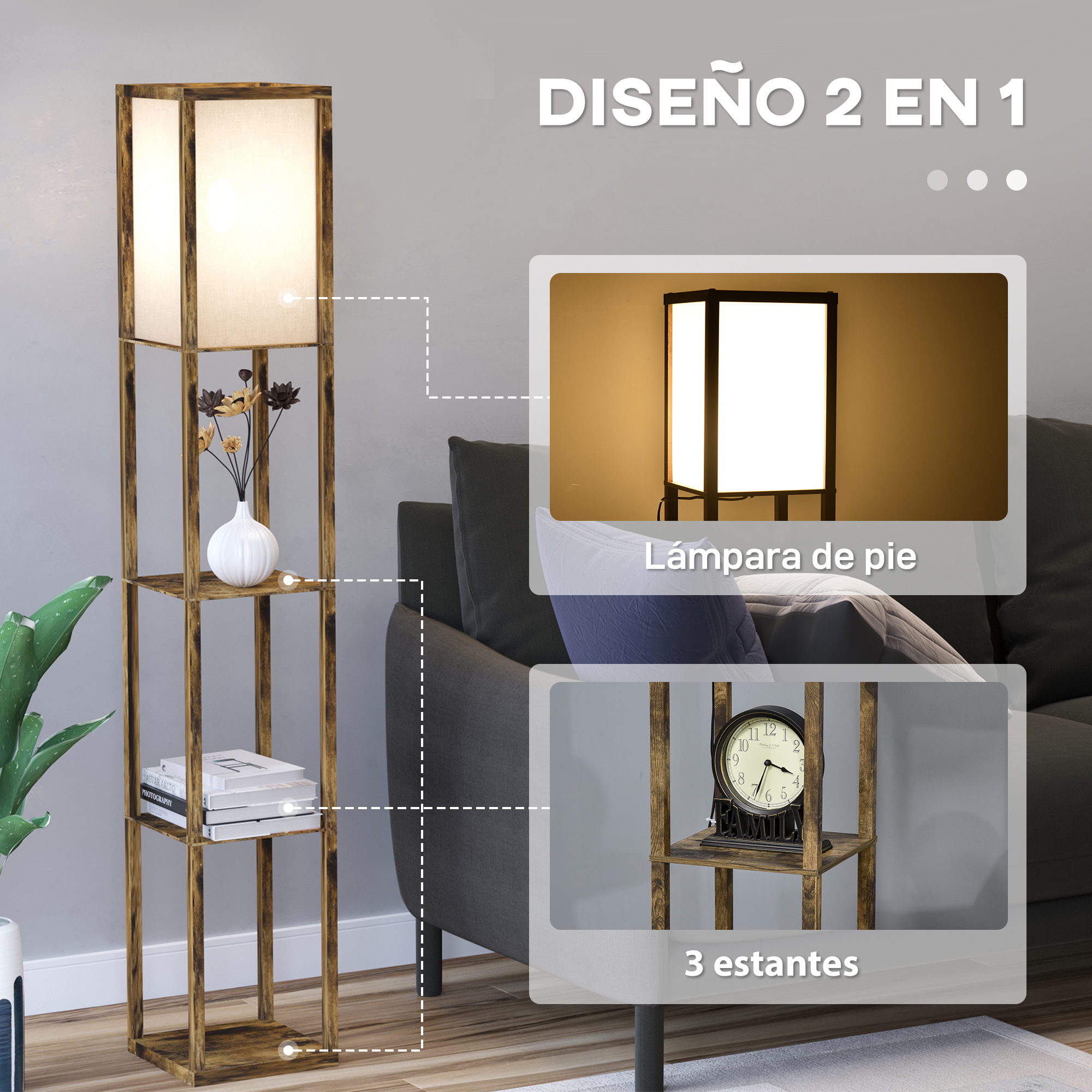 Lámpara de pie de madera con estantes, pantalla blanca, jarrón con flores y libros.