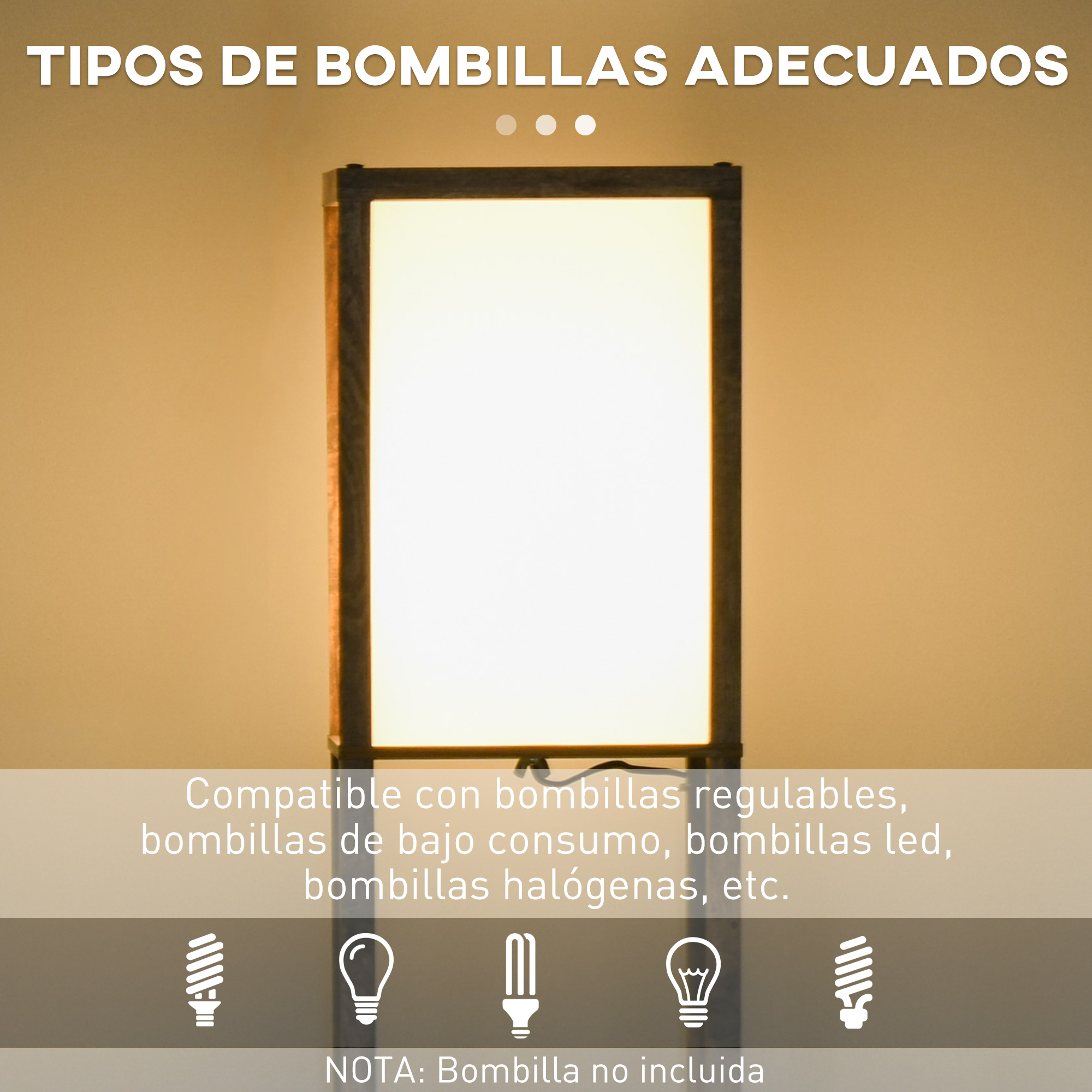 Una lámpara con luz brillante. El texto indica tipos de bombillas compatibles.