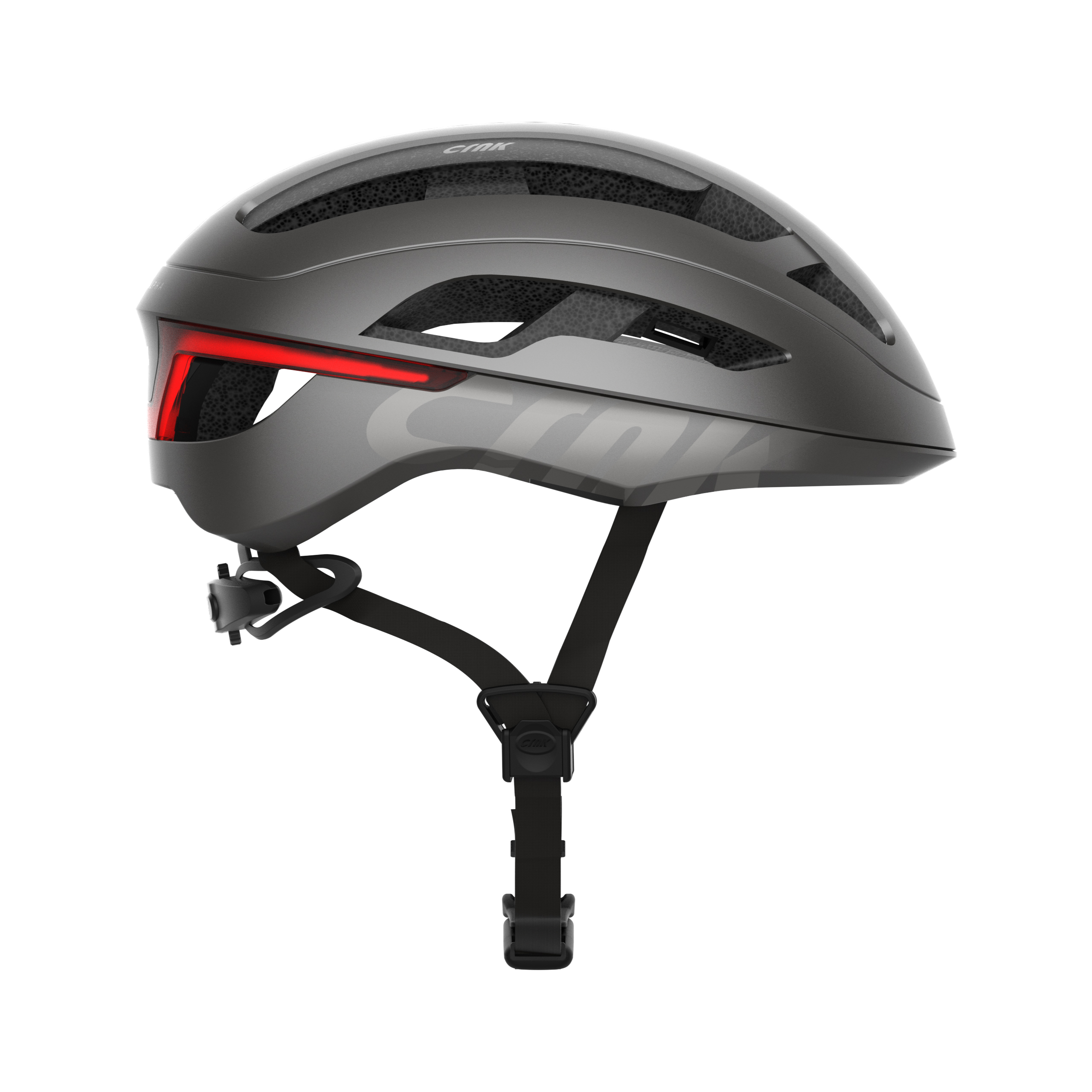 Grauer Fahrradhelm mit roten Lichtern und einem Riemen. Der Helm hat den Markennamen 'CRNK'.