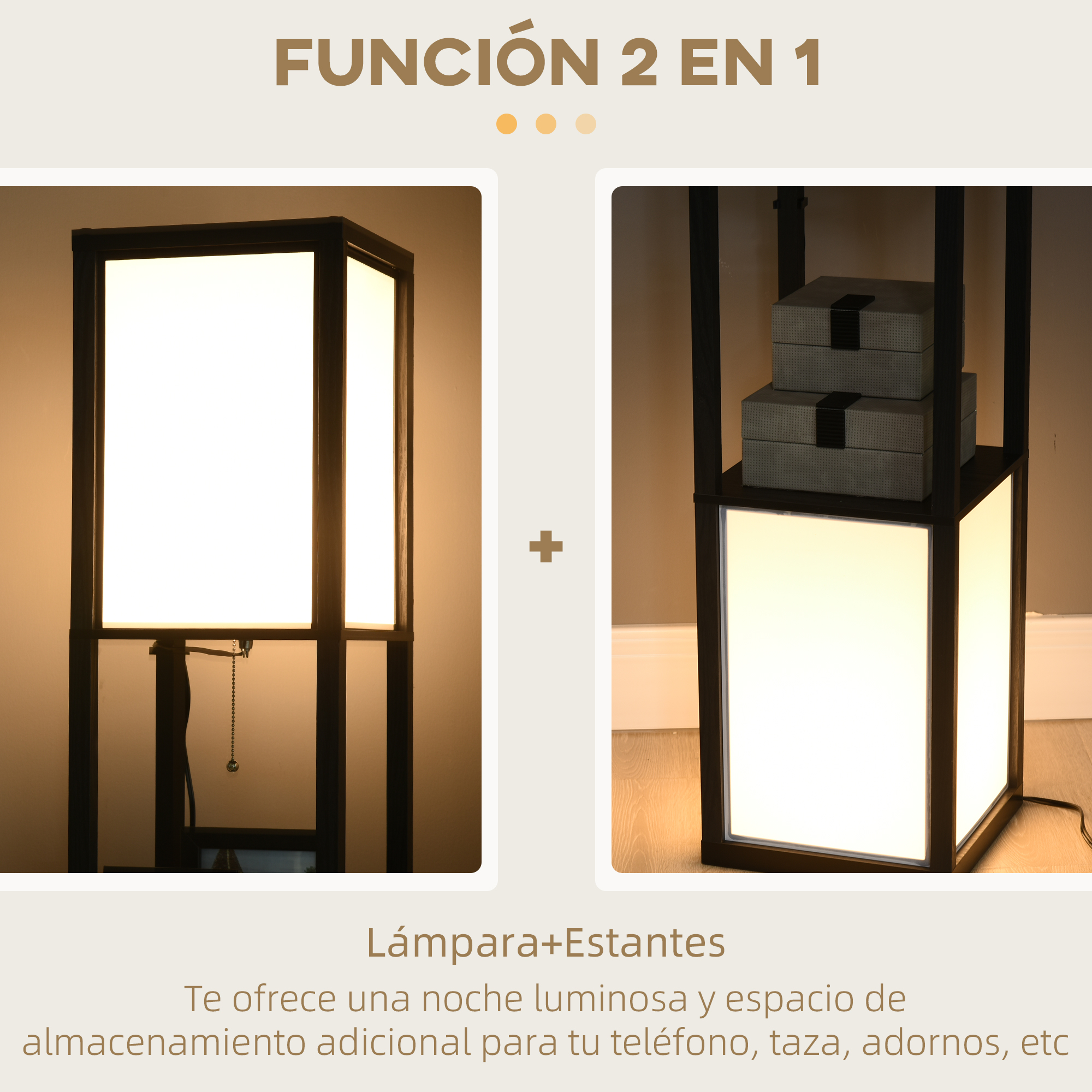 Lámpara y estantes dos en uno. Marco negro, luz blanca, cajas.
