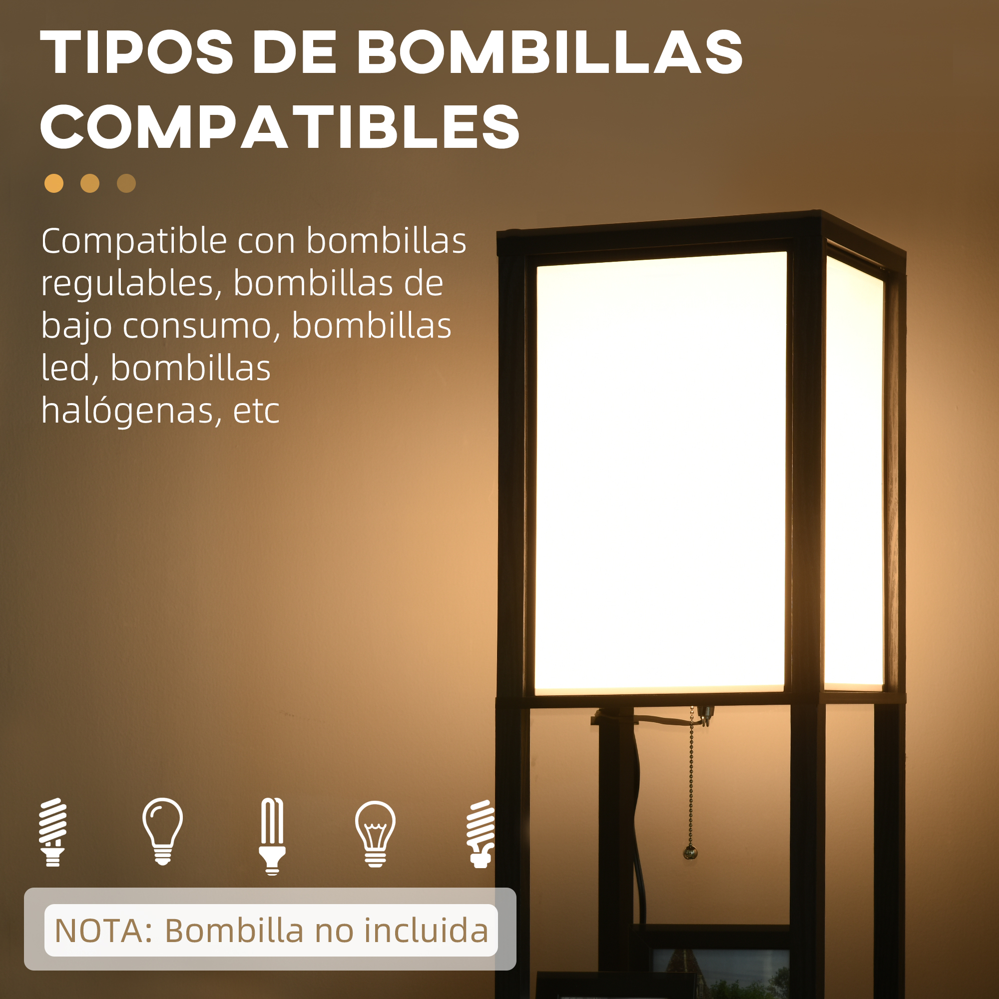 Una lámpara alta con una luminaria cuadrada y un fondo beige con texto.