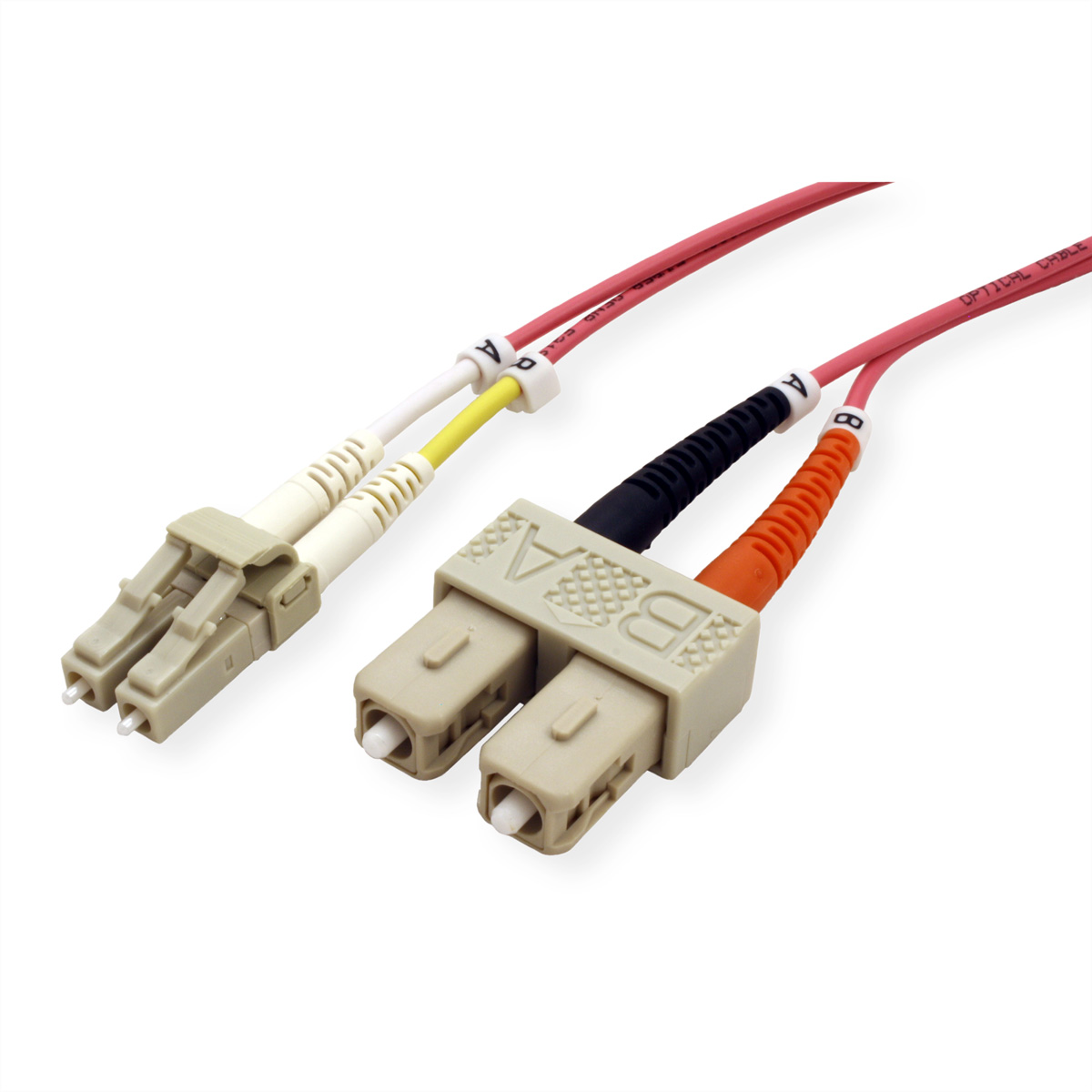 Due cavi in fibra ottica con connettori; uno rosso, uno nero e arancione.