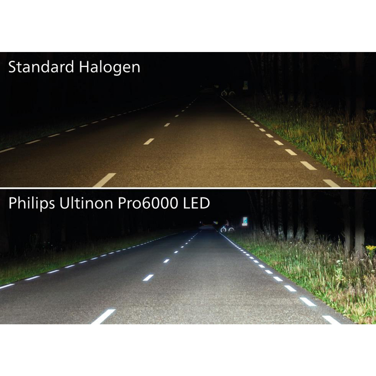 Straßenvergleich. Oben: Standard Halogen. Unten: Philips Ultinon Pro6000 LED. Straße im Dunkeln.