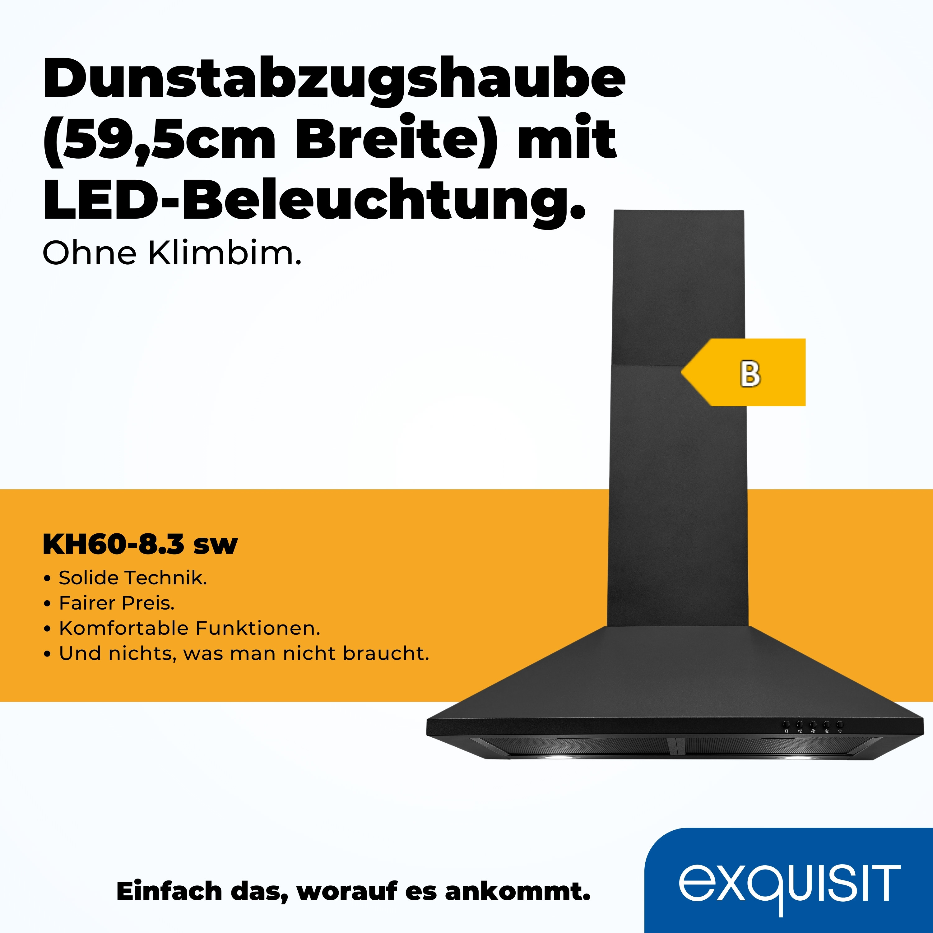 Schwarze Dunstabzugshaube mit Text. Der Text erwähnt LED-Beleuchtung und andere Funktionen.