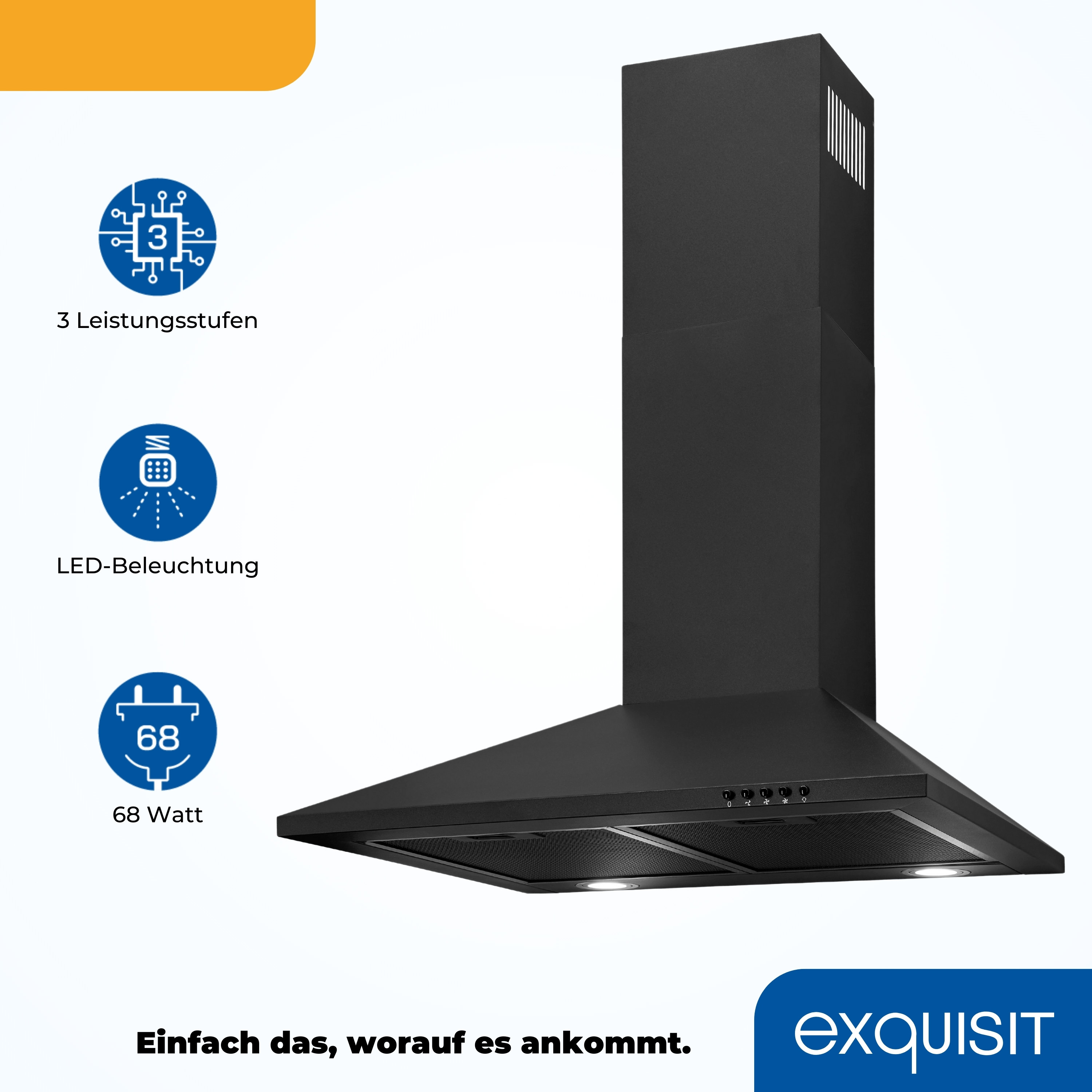 Schwarze Dunstabzugshaube mit Symbolen und Text. Weißer Hintergrund und Logo.