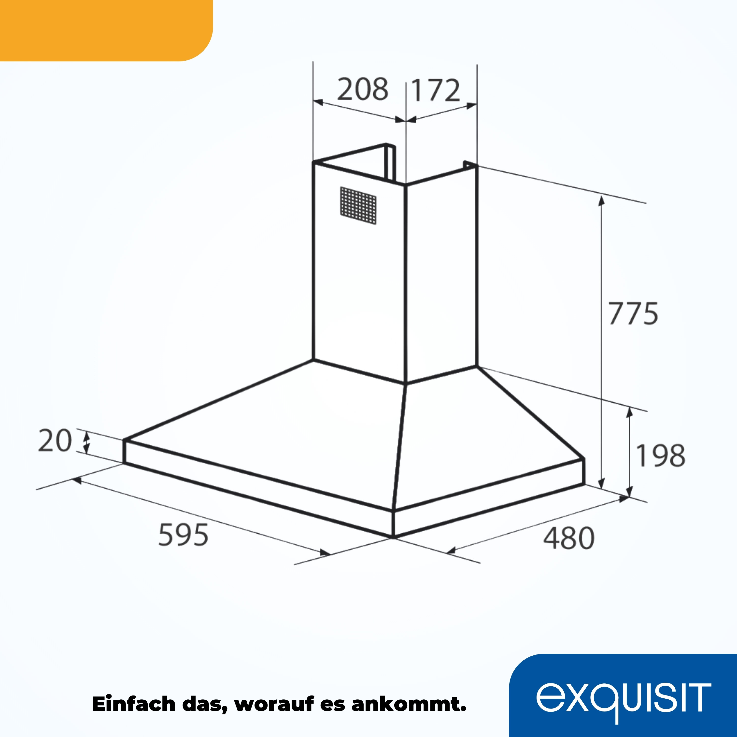 Diagramm einer Dunstabzugshaube mit Maßen.