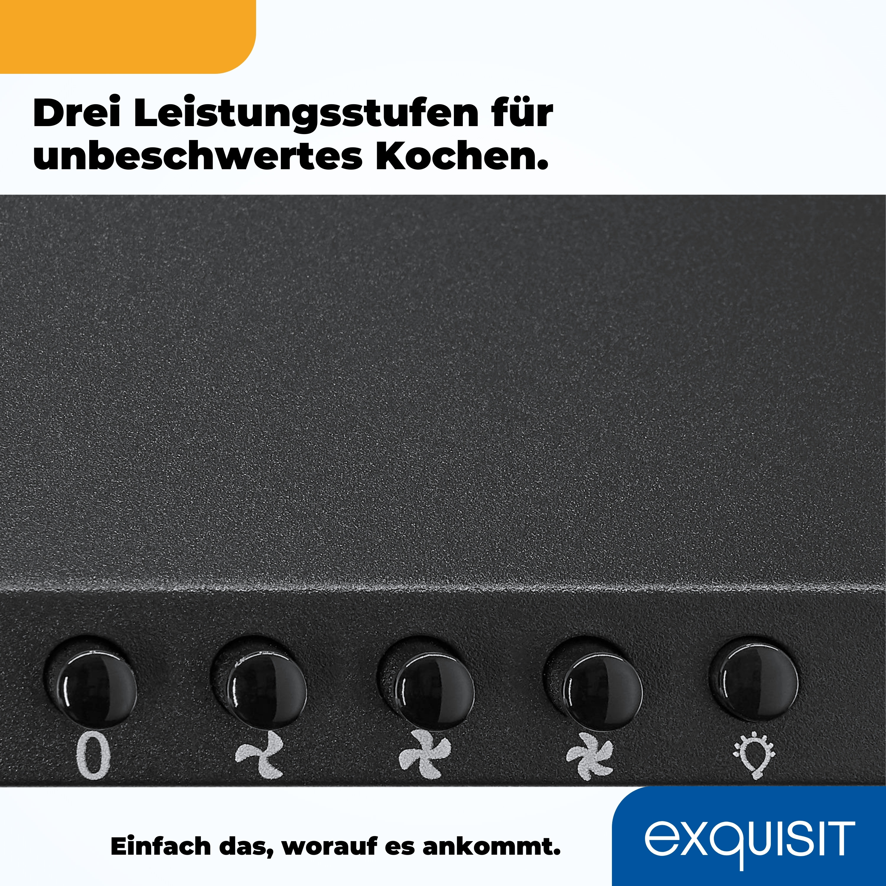 Nahaufnahme eines schwarzen Dunstabzugshauben-Bedienfelds mit den beschrifteten Knöpfen 0, Lüftersymbolen und einem Lichtsymbol.