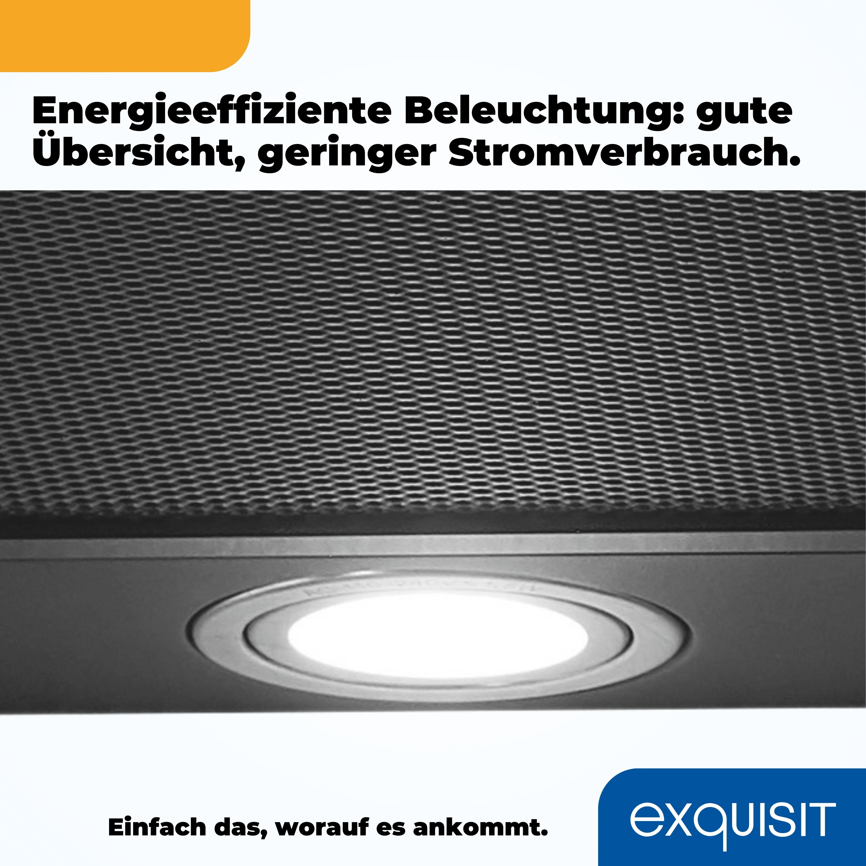 Nahaufnahme einer schwarzen Dunstabzugshaube mit hellem, rundem Licht und einem Gitter darüber.