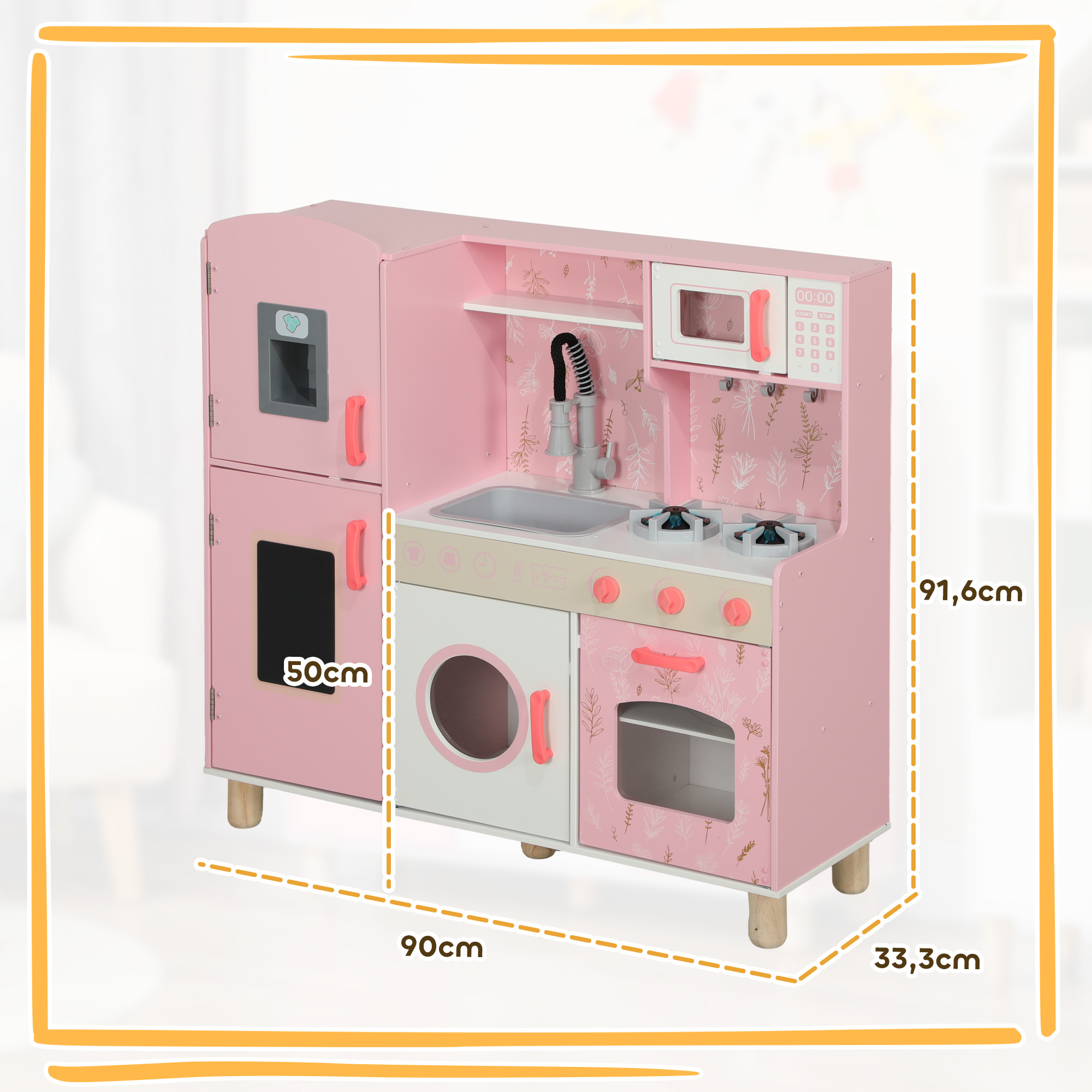 Una cocina de juguete de madera rosa con dimensiones etiquetadas, incluyendo nevera, fregadero, estufa, microondas y lavadora.
