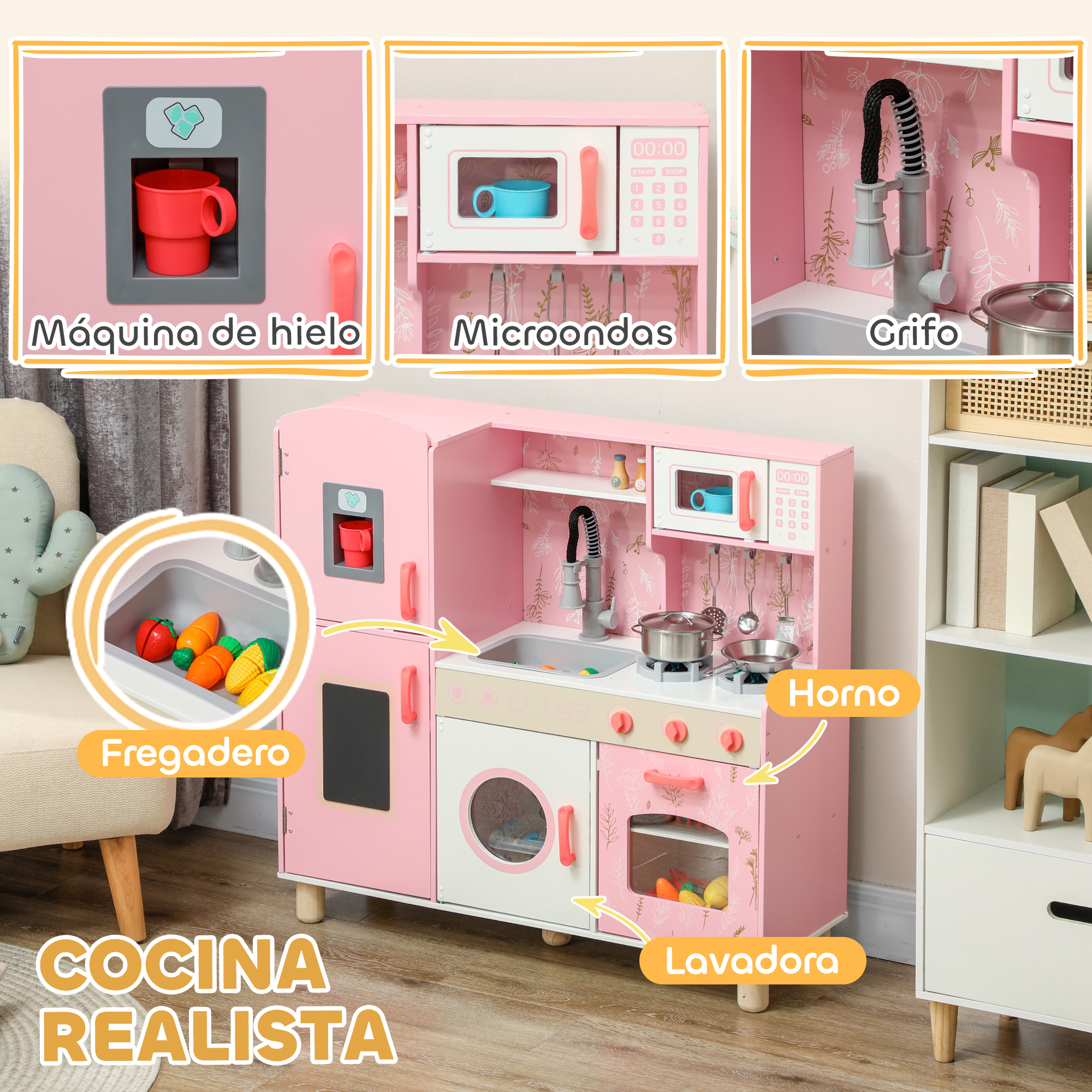 Cocina de juguete rosa con características: máquina de hielo, microondas, fregadero, horno.