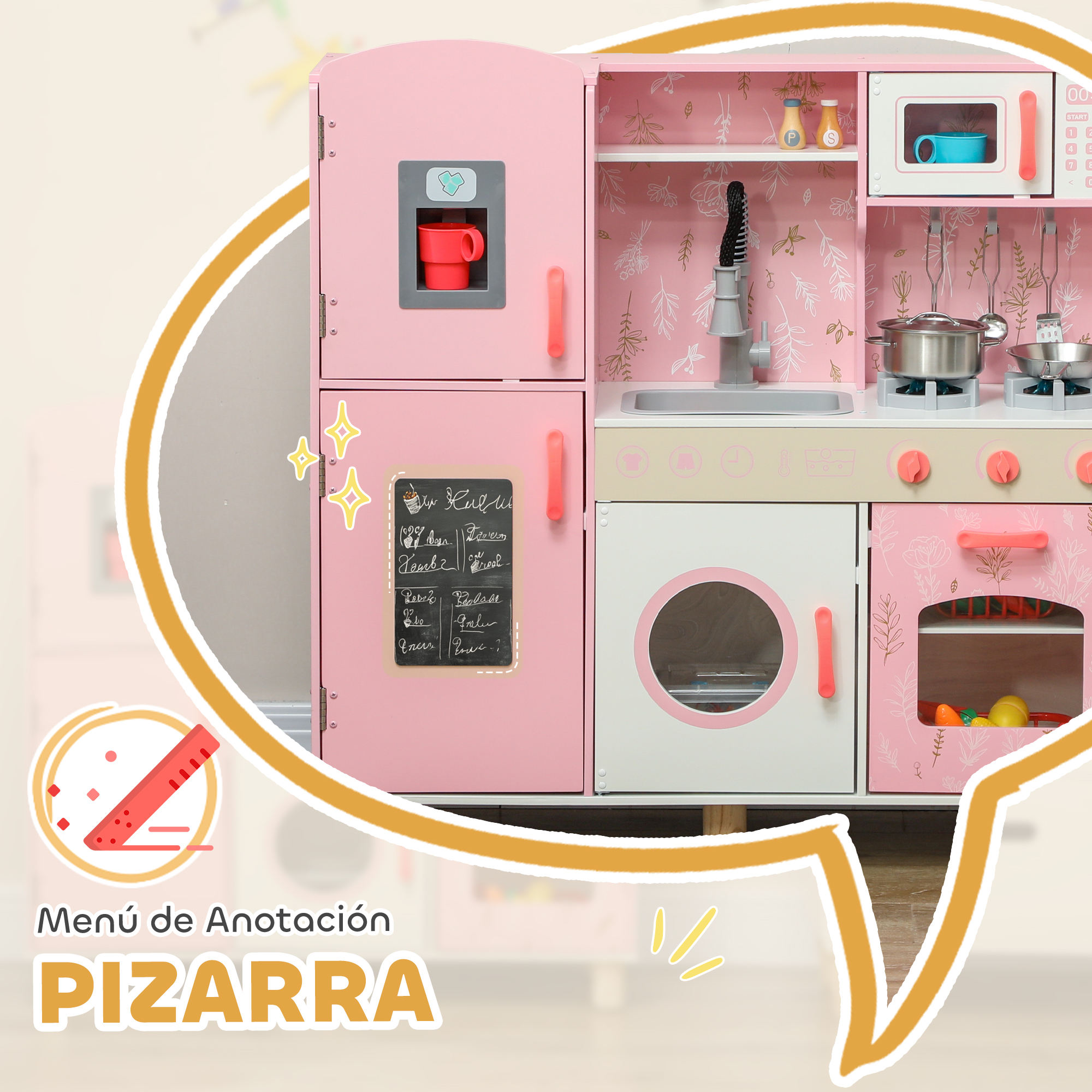 Un juego de cocina de madera rosa con una pizarra y una burbuja de anotación amarilla.