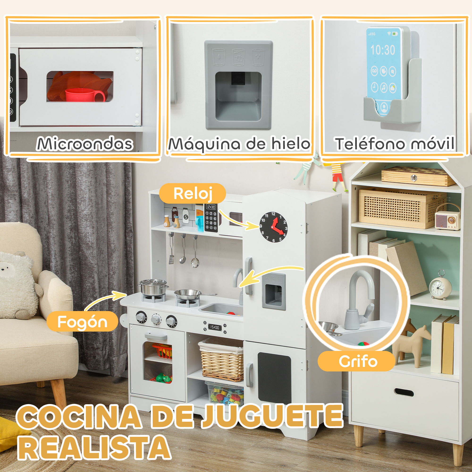 Una cocina de juguete realista con microondas, máquina de hielo, teléfono móvil y accesorios.
