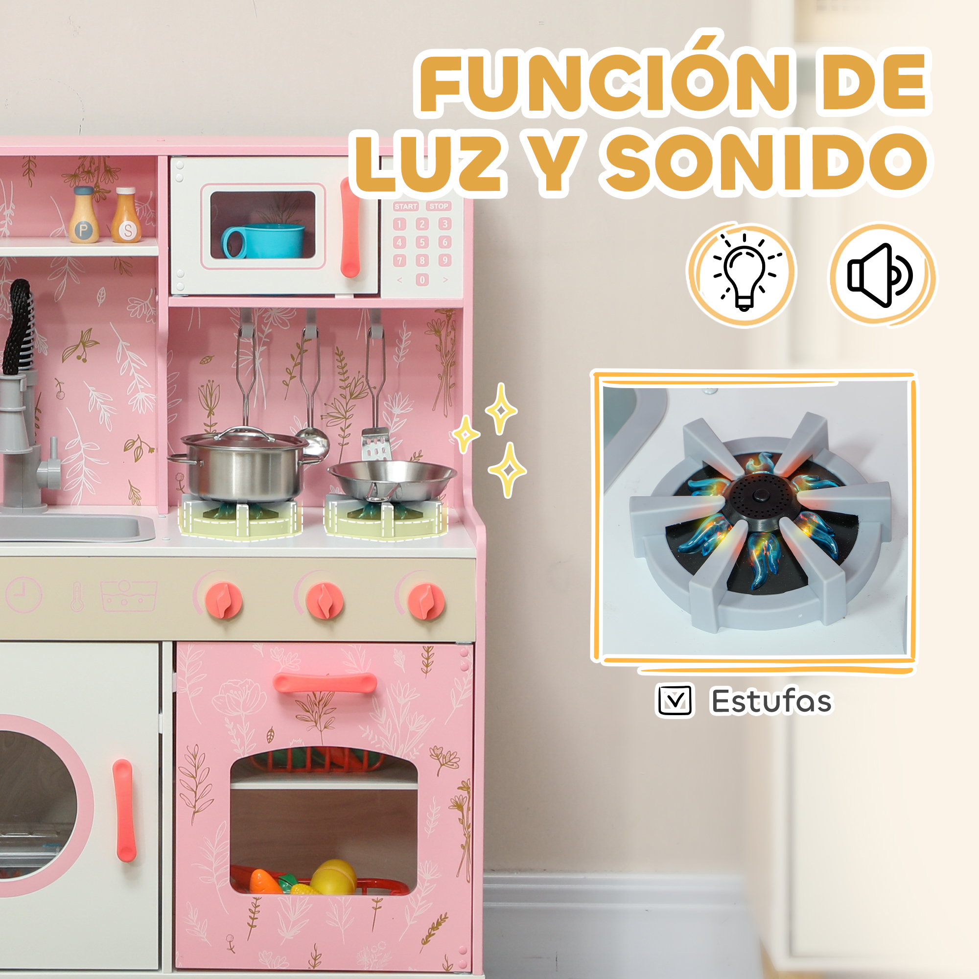 Cocina de juguete rosa con luces y sonidos. Incluye estufa y microondas.