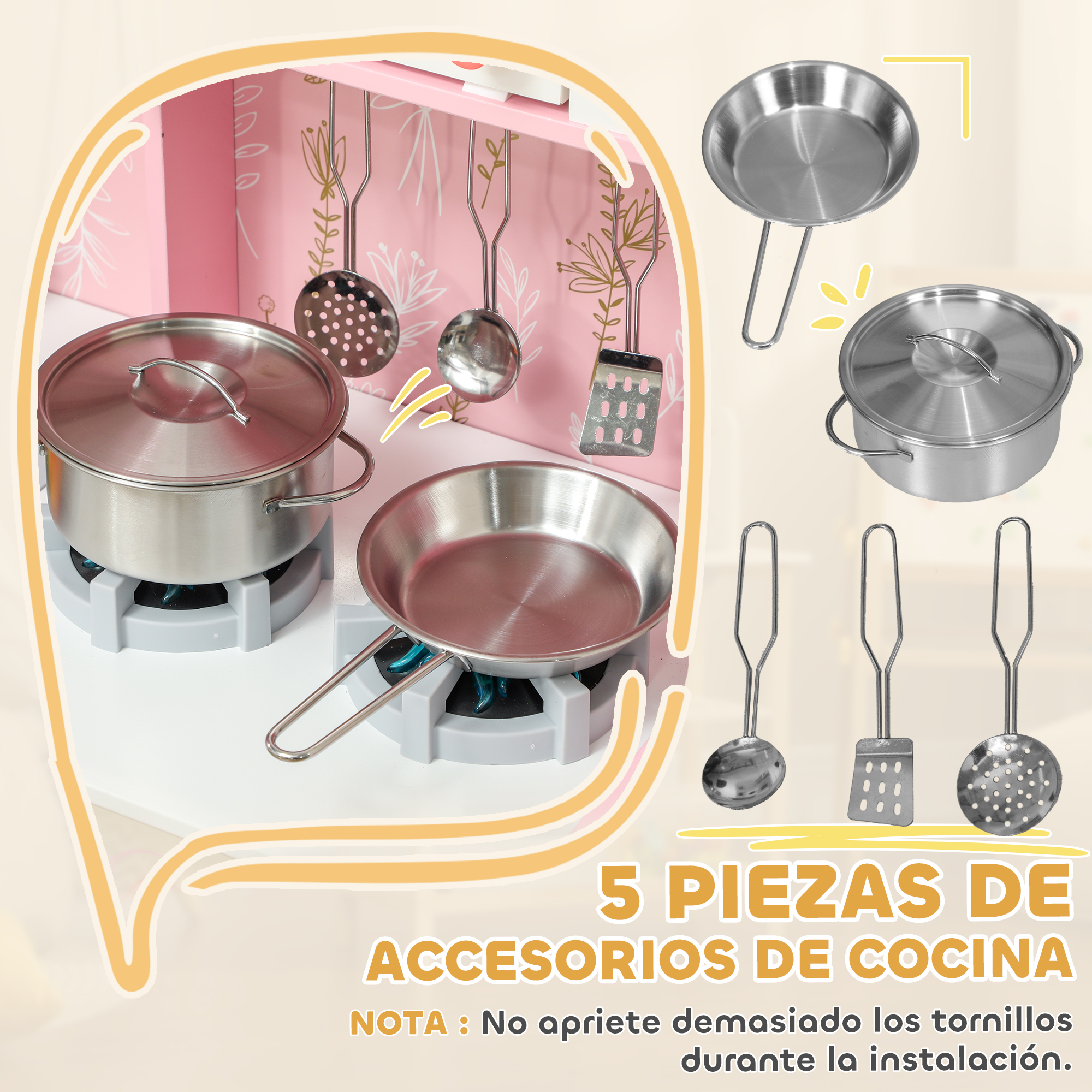 Accesorios de cocina de juguete. Sartenes, ollas, utensilios y una nota sobre los tornillos.