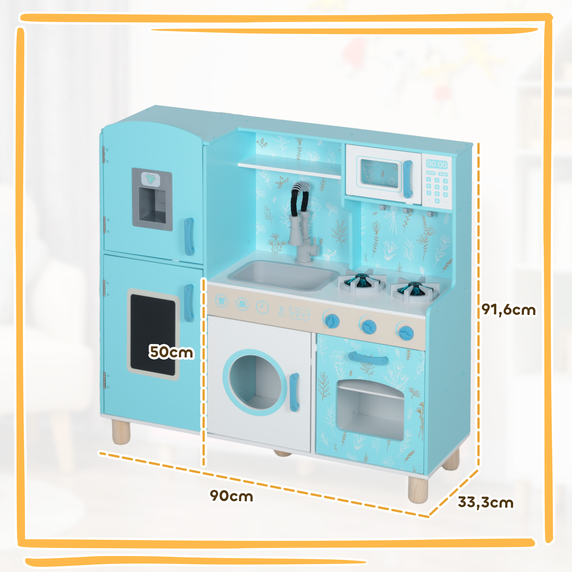 Una cocina de madera para niños con detalles azules y fondo blanco.