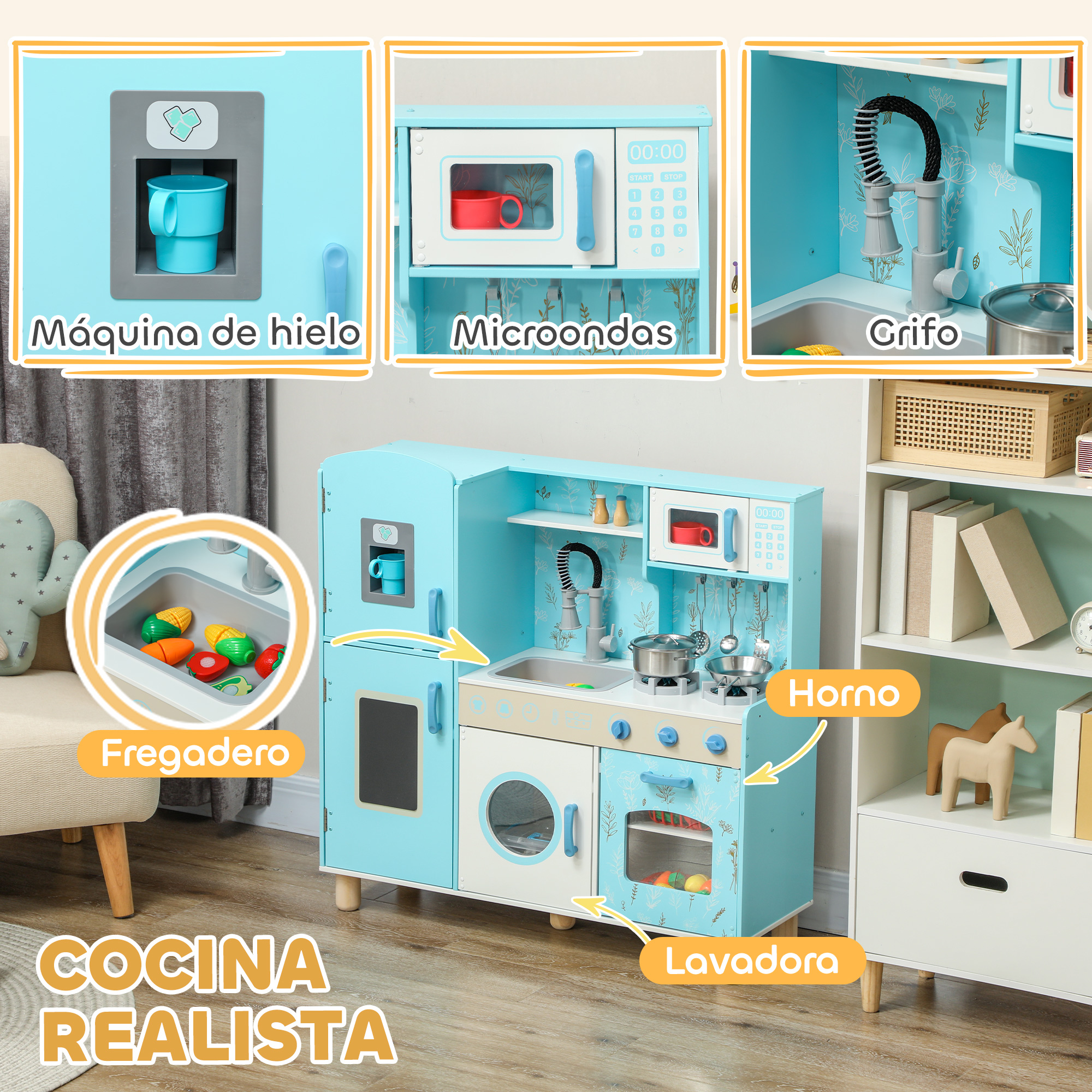 Un juego de cocina de juguete azul con refrigerador, microondas, fregadero, estufa y lavadora. El texto dice 'Cocina Realista'.