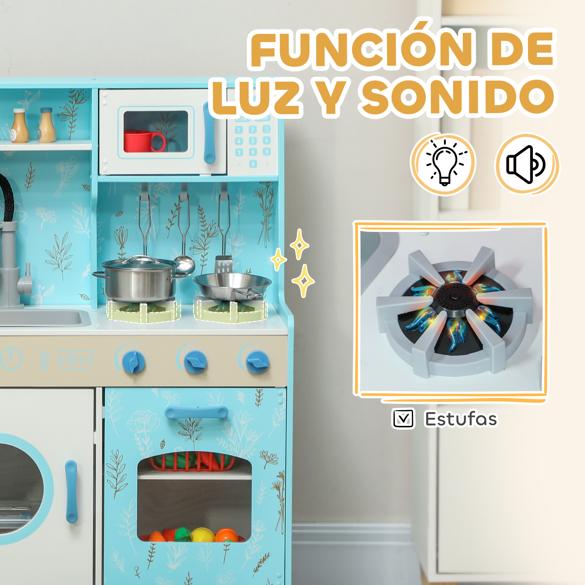 Una cocina de juguete con gabinetes color turquesa y un microondas. La estufa muestra llamas. El texto dice 'Función de luz y sonido'.