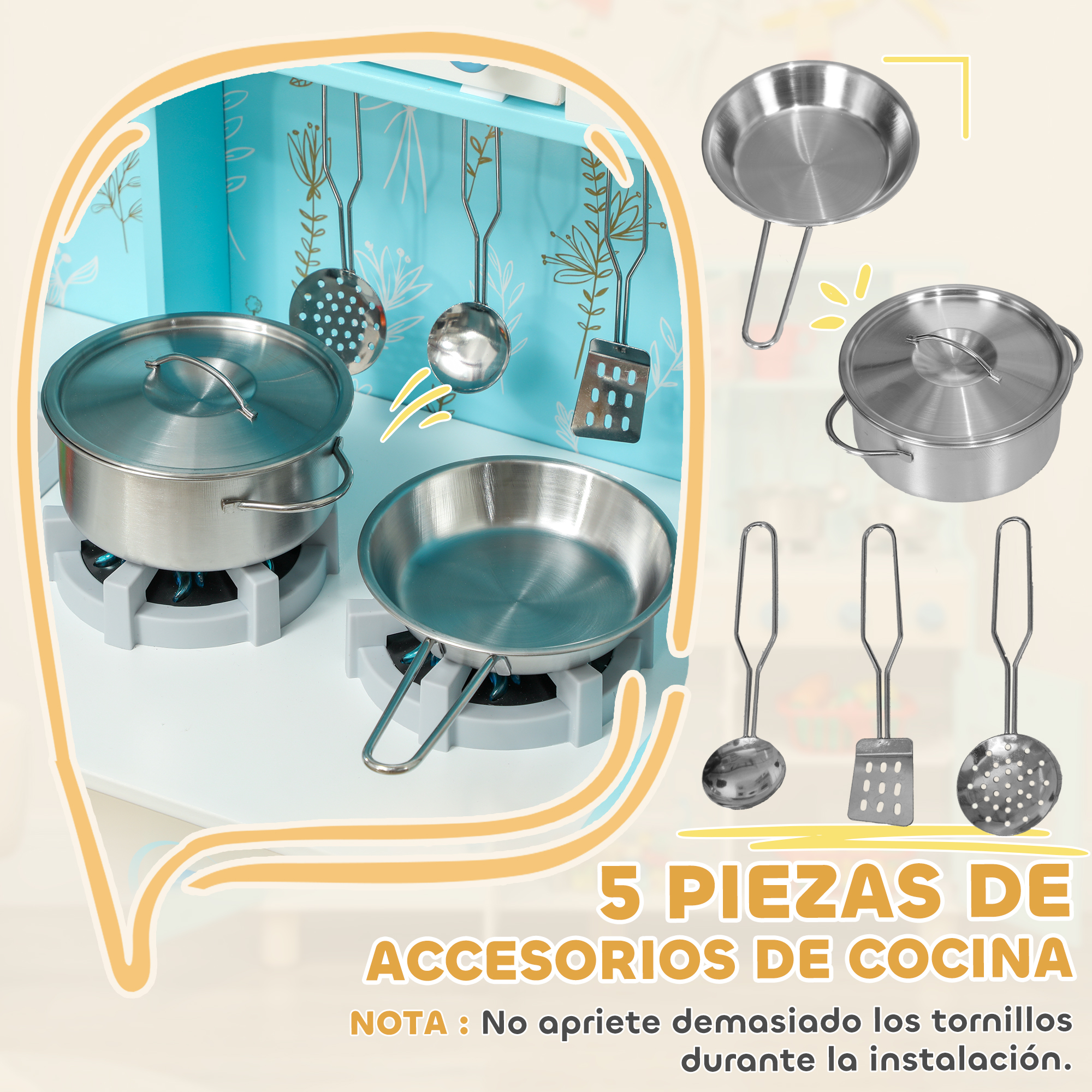 Un juego de accesorios de cocina de juguete de acero inoxidable, incluyendo ollas, sartenes y utensilios.