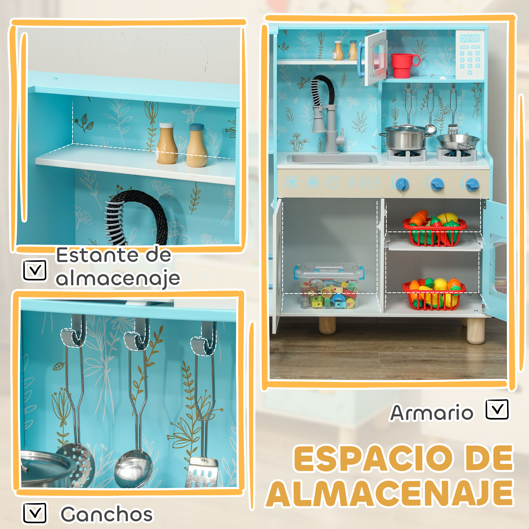 Una cocina de juguete para niños con estantes, ganchos y espacio de almacenamiento; azul y blanco.
