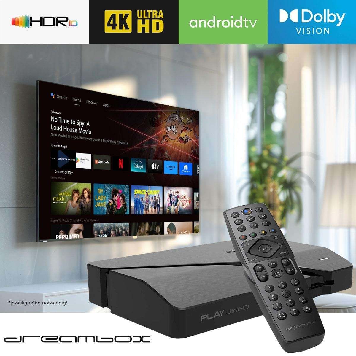 Fernseher mit schwarzer Set-Top-Box und Fernbedienung. Der Bildschirm zeigt eine Filmoberfläche mit Logos: HDR10, 4K, AndroidTV, Dolby Vision.