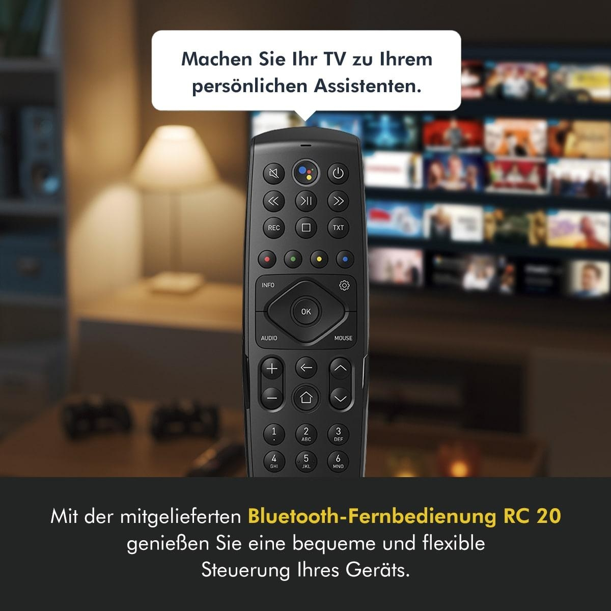 Schwarze Fernbedienung mit vielen Knöpfen, Text und ein Bild eines Fernsehers im Hintergrund.