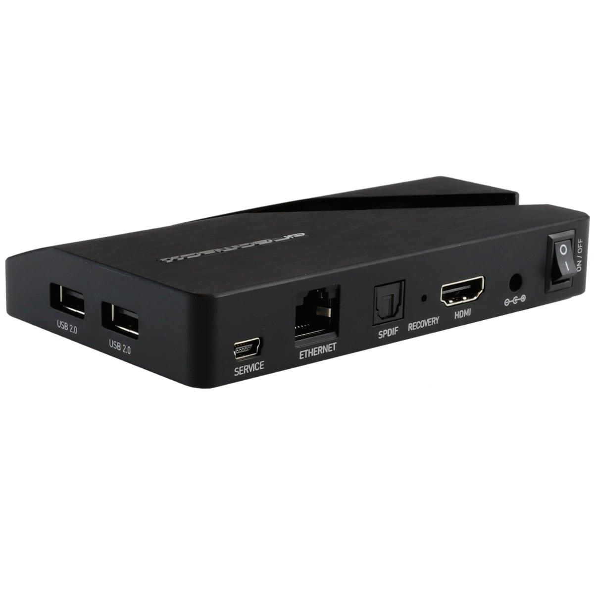 Schwarzes rechteckiges Gerät mit USB-, Ethernet-, HDMI-Anschlüssen und einem Ein-/Ausschalter.
