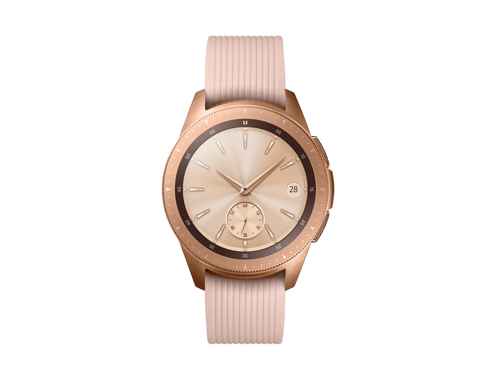Roségoldene Smartwatch mit rosa Armband, Zifferblatt mit Uhrzeit. Weißer Hintergrund.