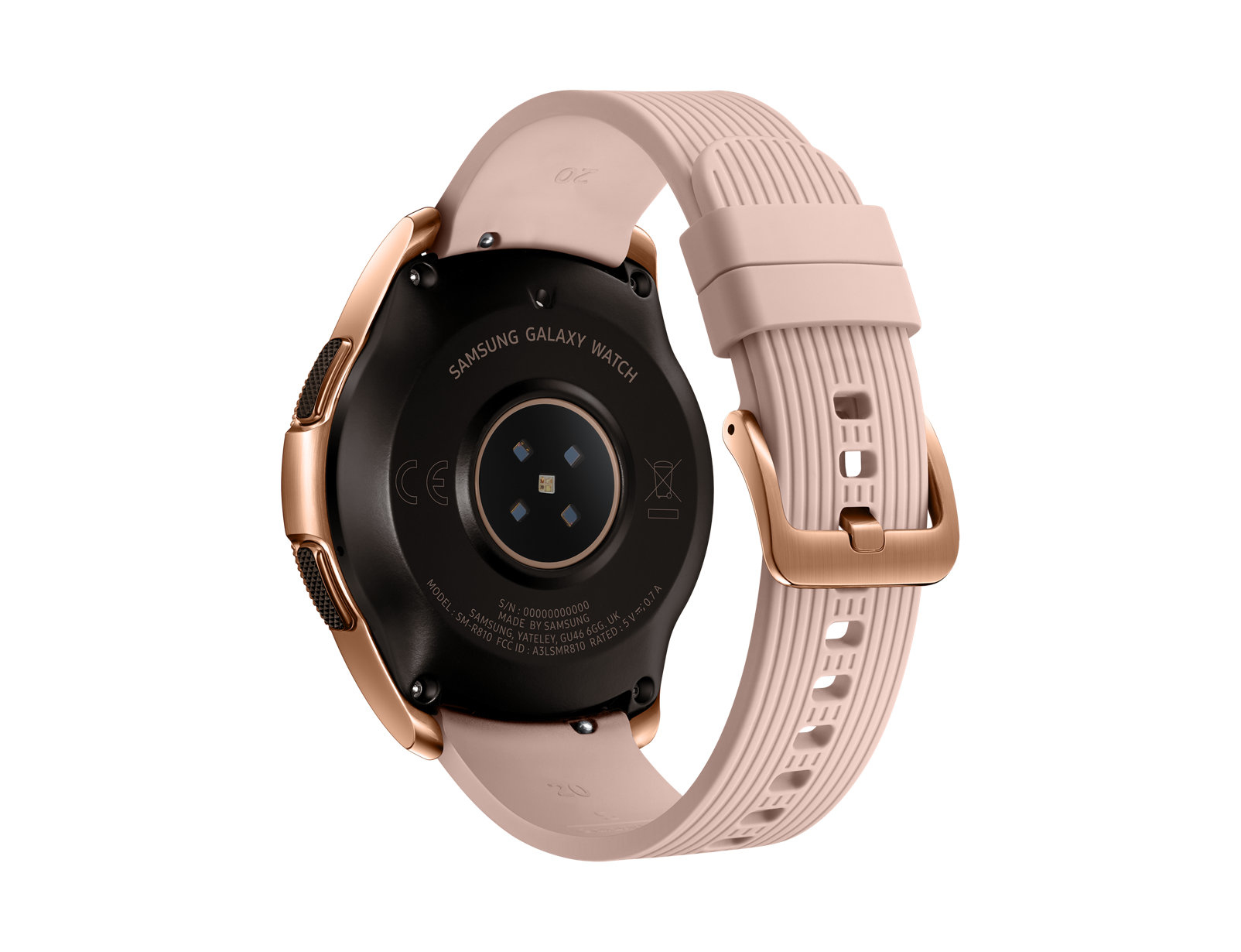 Smartwatch-Rückseite mit rosa Armband, rundem schwarzen Zifferblatt und Goldrand.