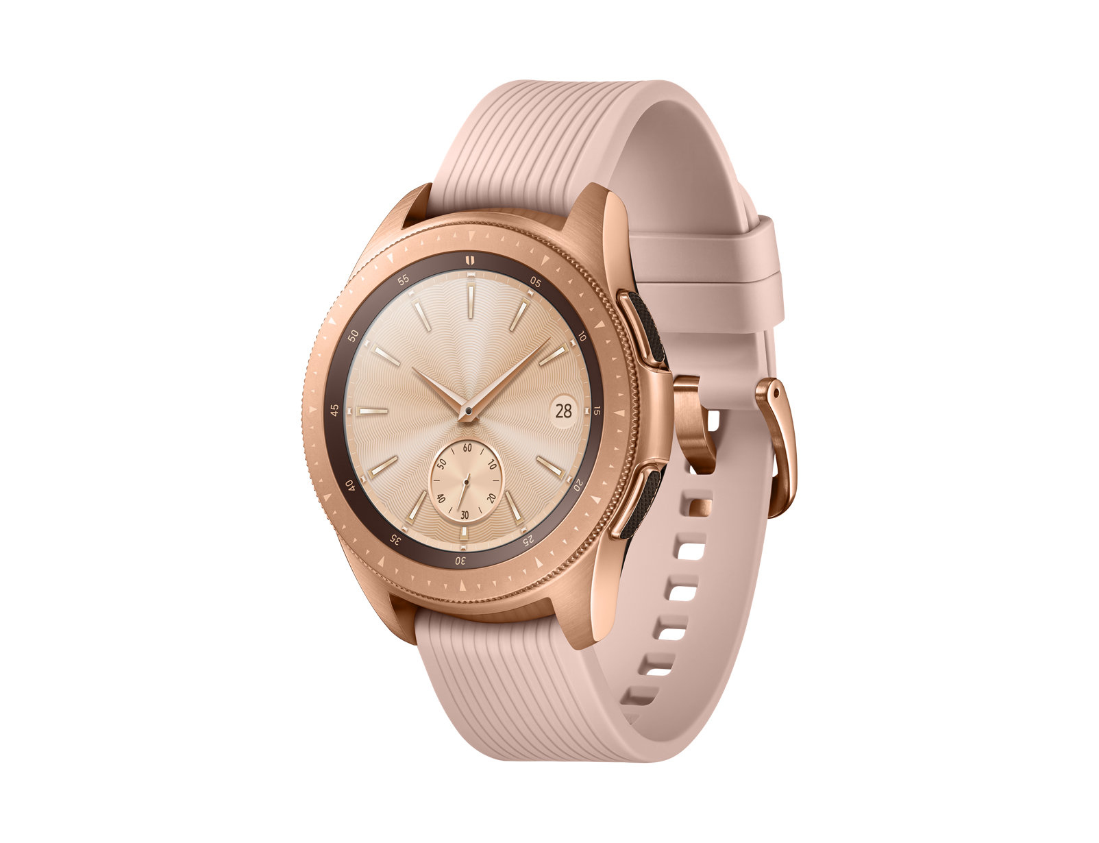 Roségoldene Smartwatch, rosa Armband. Schräge Ansicht. Weißer Hintergrund.