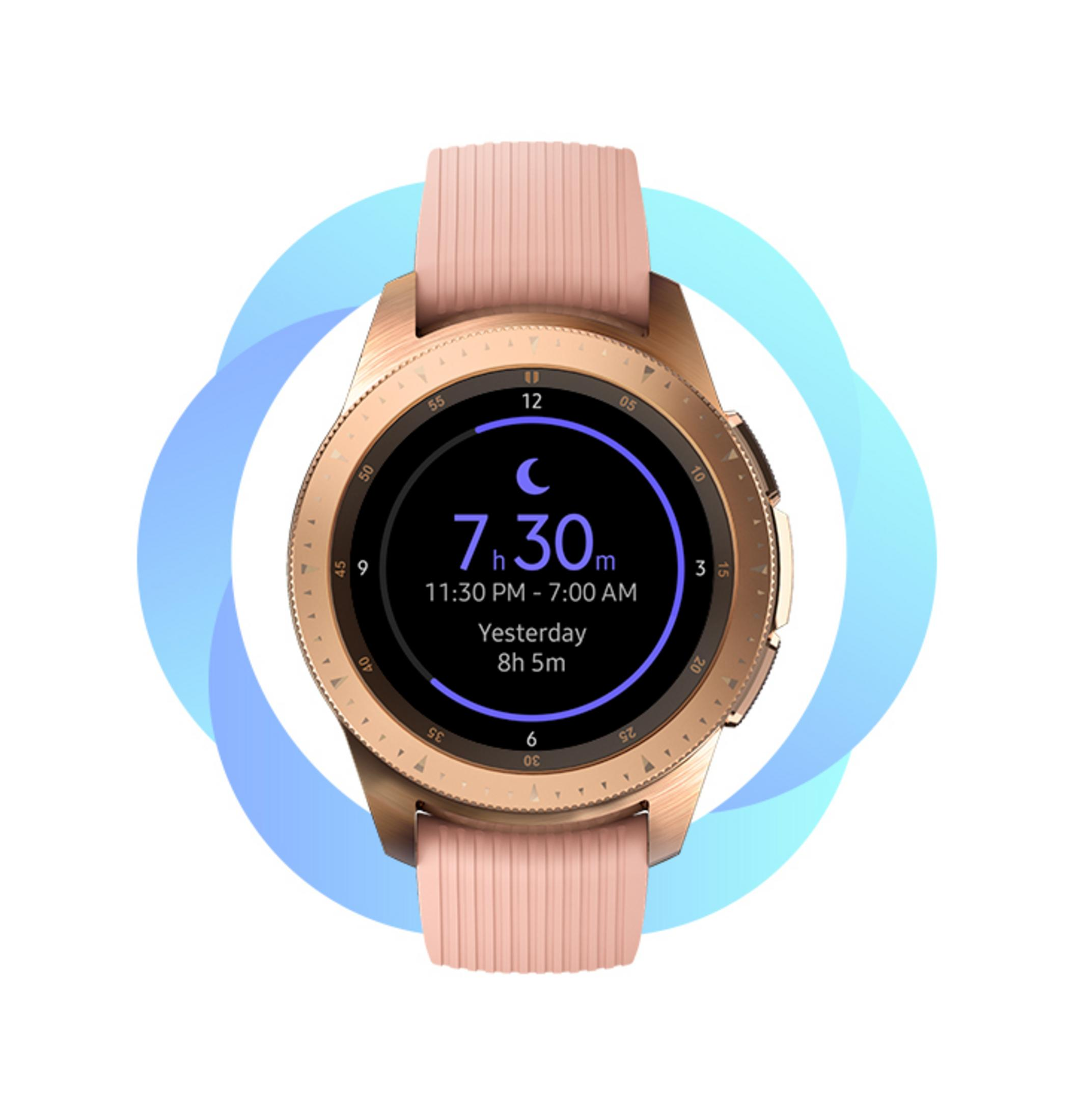 Eine goldene Smartwatch mit pinkfarbenem Armband, die die Zeit 7:30 Uhr und die Schlafdauer anzeigt.