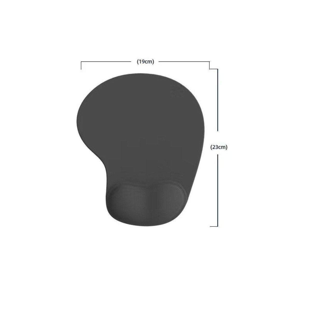 Ein ergonomisches schwarzes Mauspadd mit Handgelenkstütze, Abmessungen daneben.