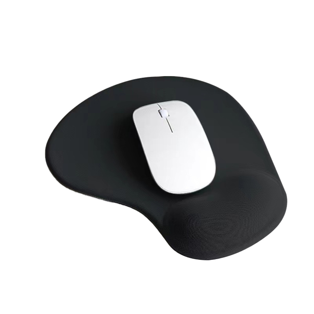 Ein schwarzes ergonomisches Mauspad mit einer weißen Maus darauf.