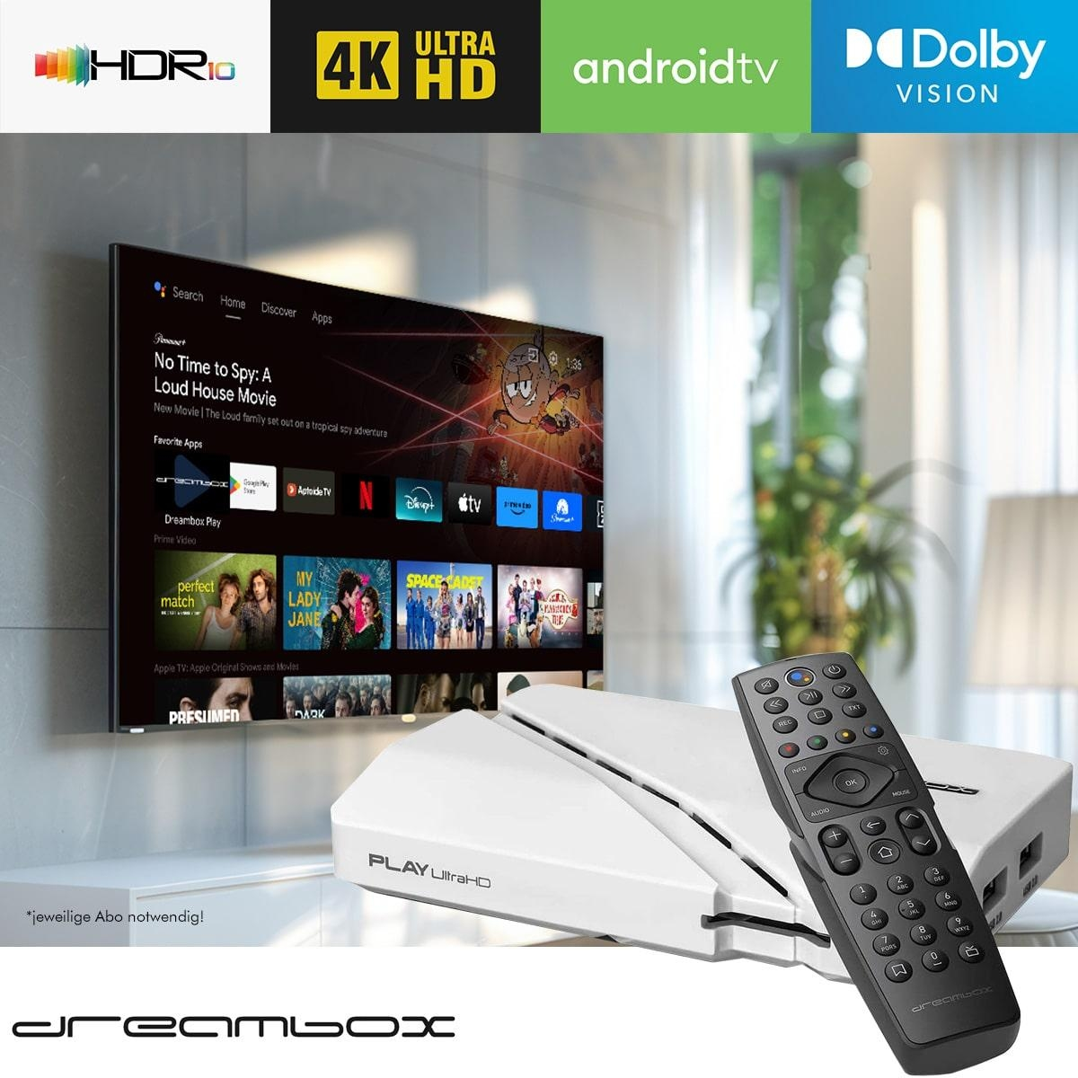 TV mit Filmoberfläche. Fernbedienung und weiße Box darunter. HDR-, 4K- und Dolby Vision-Logos.