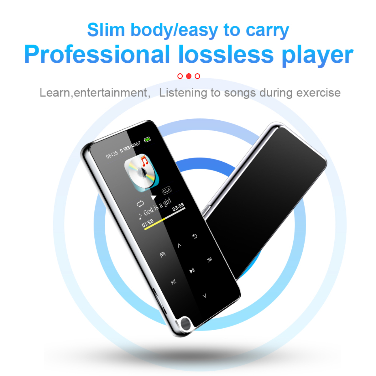 Ein schlanker schwarz-silberner MP3-Player mit Display und Navigationstasten.