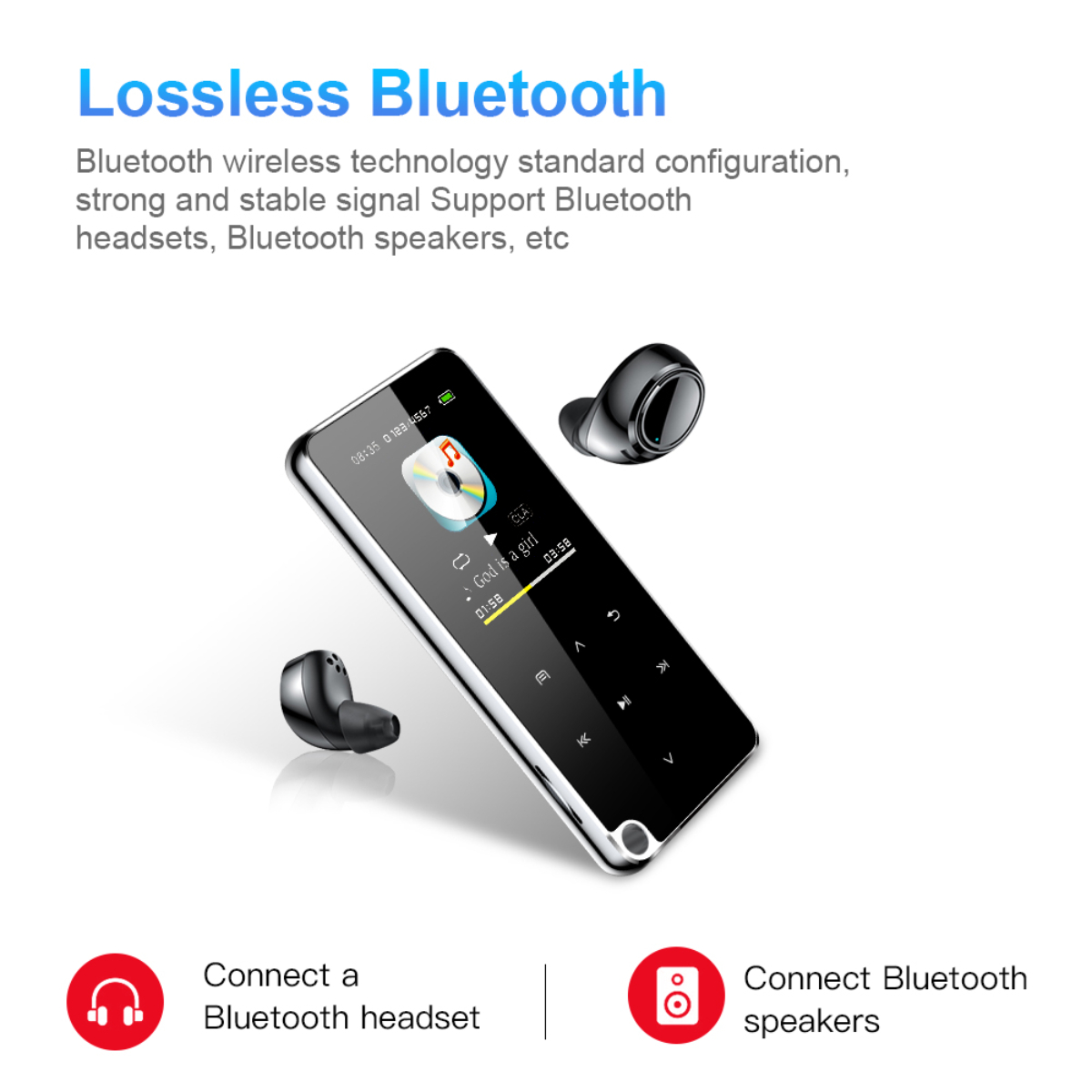Ein schwarzer MP3-Player mit Ohrhörern und Text, der Funktionen wie Bluetooth und drahtlose Konnektivität beschreibt.