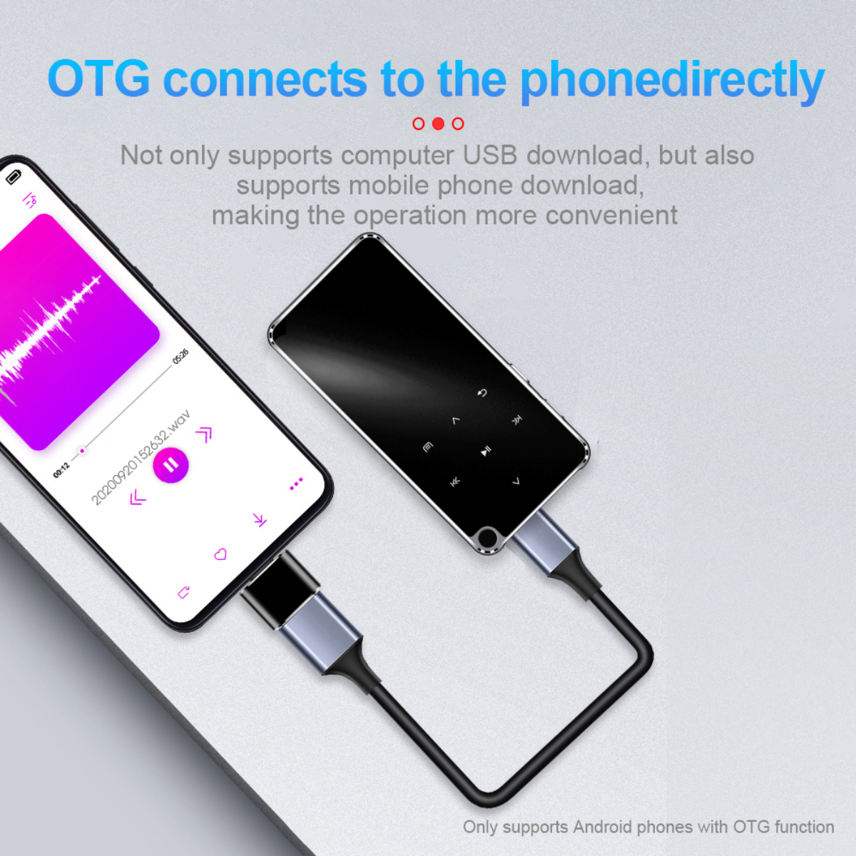 Telefon über Kabel mit schwarzem Gerät verbunden. Das Telefon zeigt Musik.