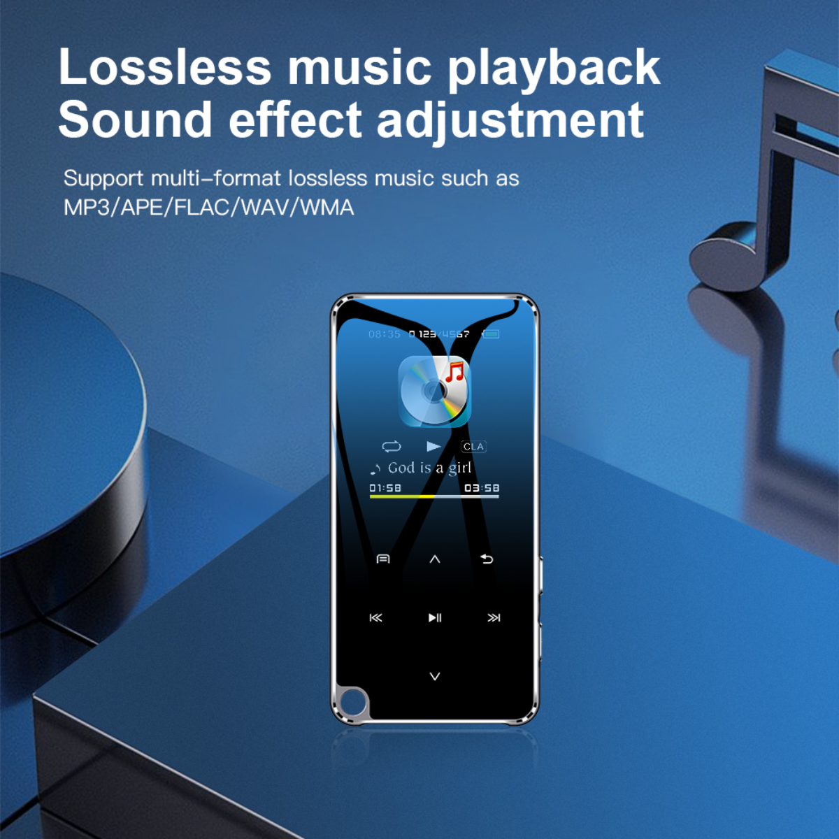 Schwarzer Musikplayer mit Bildschirm, spielt ein Lied. Der Hintergrund ist blau.