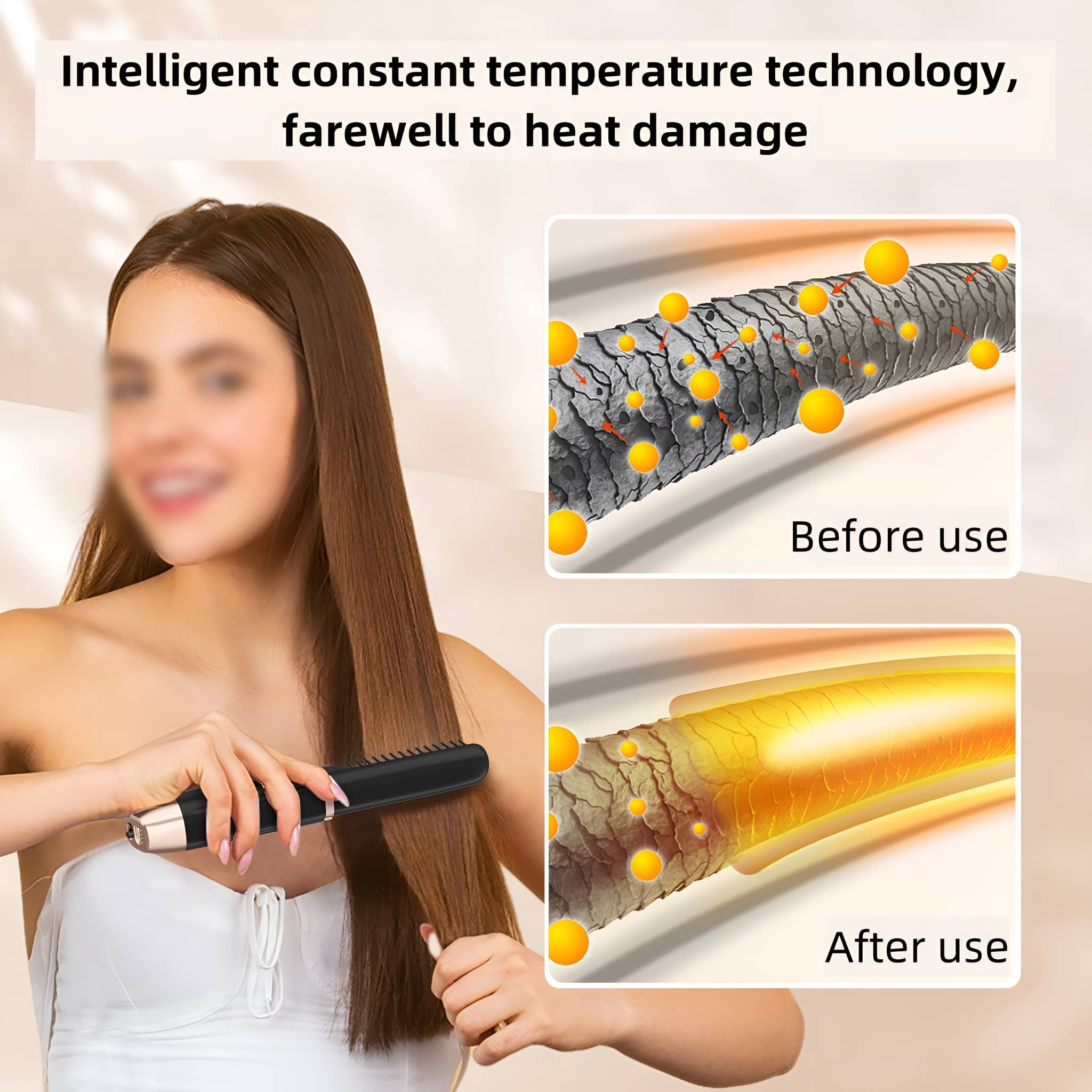 Eine Frau benutzt einen Haarglätter. Vorher-Nachher-Bilder zeigen Haare mit und ohne Hitzeschäden.
