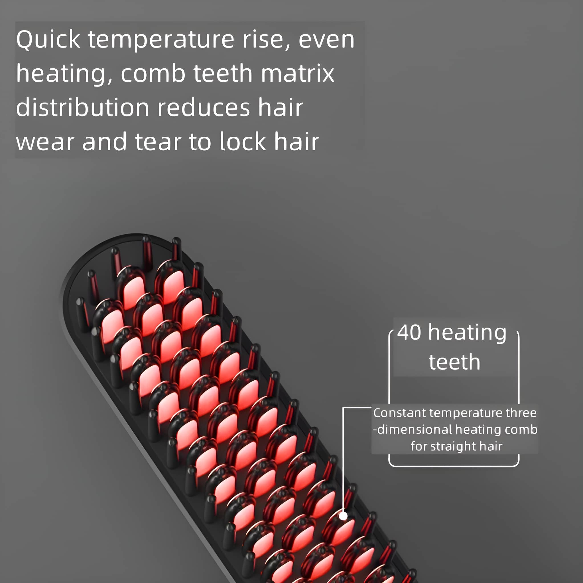 Ein schwarzer Haarglätter mit roten Heizelementen. Text beschreibt Heiz- und Haarpflegefunktionen.
