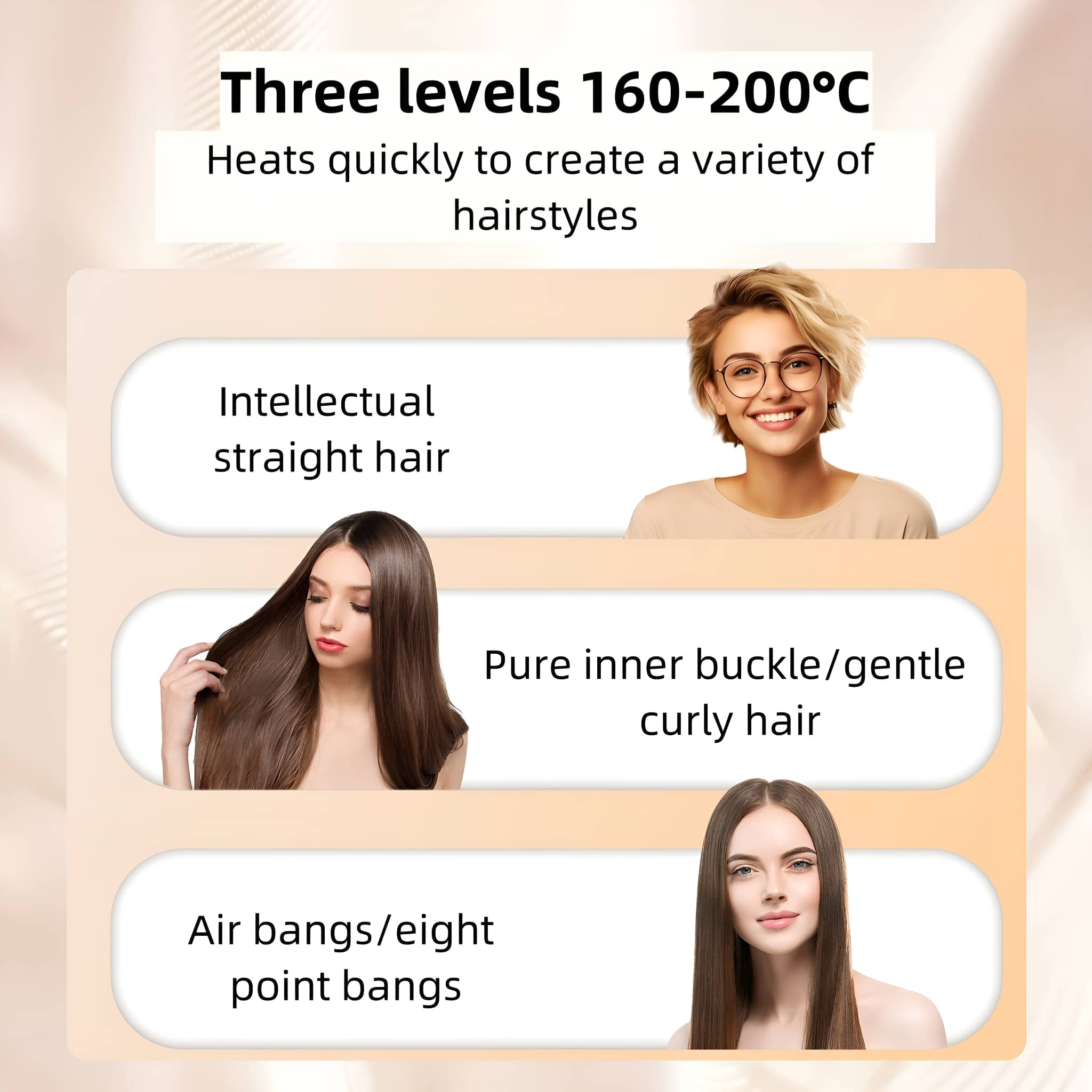 Bilder von Frauen mit verschiedenen Frisuren. Text beschreibt Hitzestufen und Frisuren.