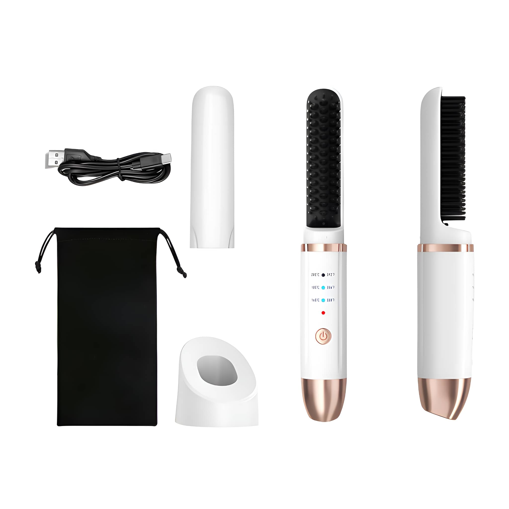 Haarstyling-Tools, einschließlich Glätteisen, Ladekabel, Ständer und einer schwarzen Tasche.