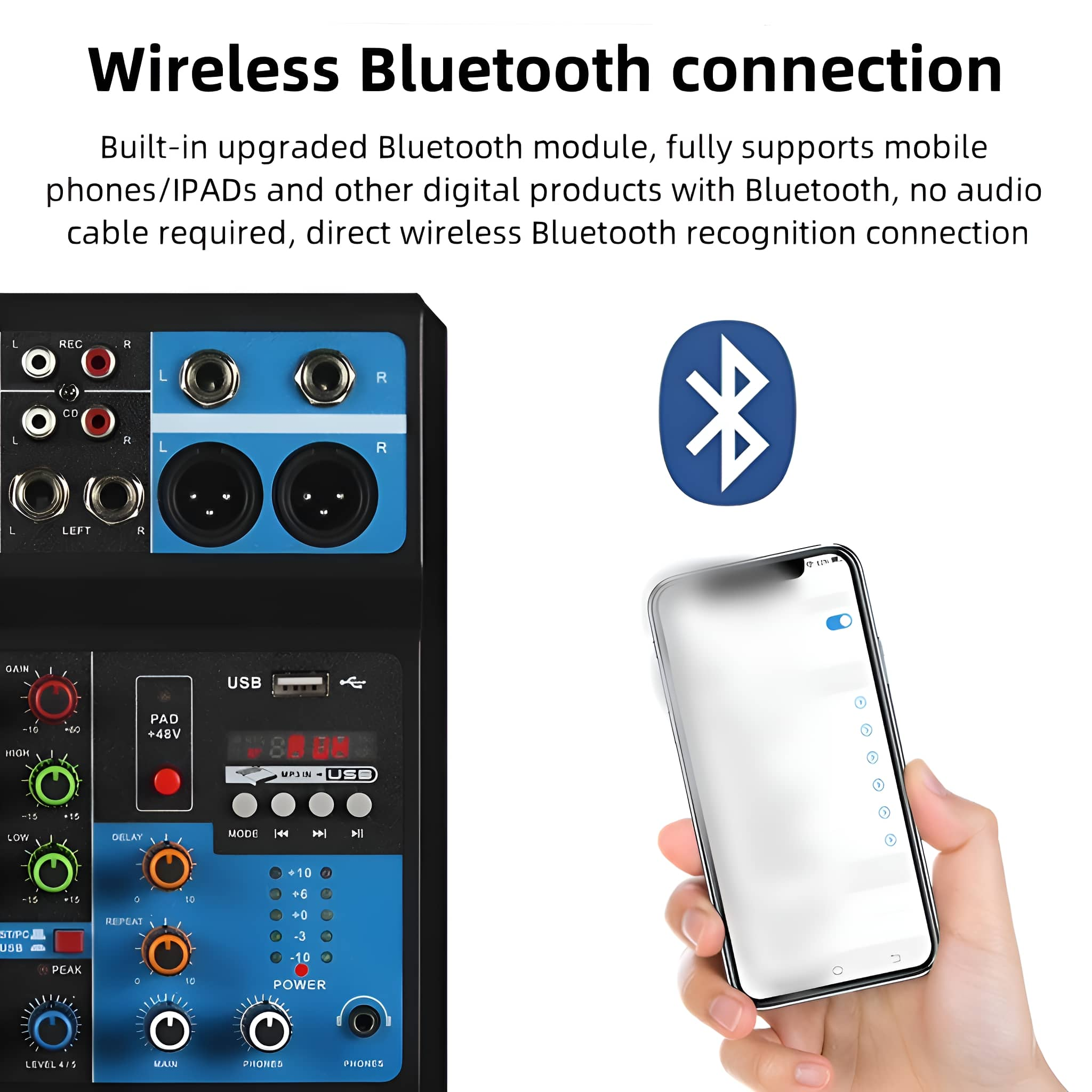 Mischpult mit Telefon und Bluetooth-Symbol. Telefon ist verbunden. Blaues und schwarzes Farbschema.