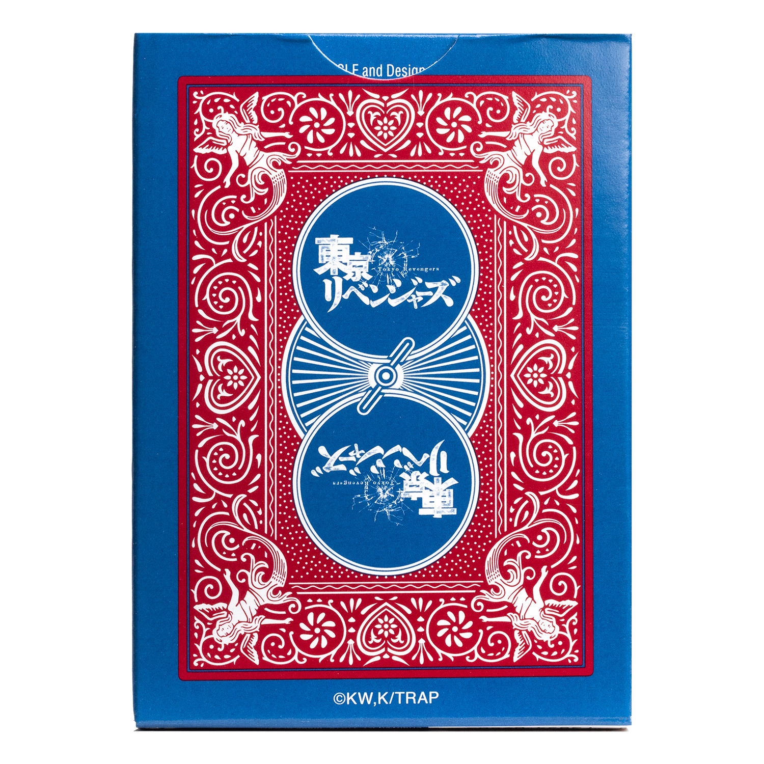 Blaue Spielkartenbox mit roten und weißen Details.