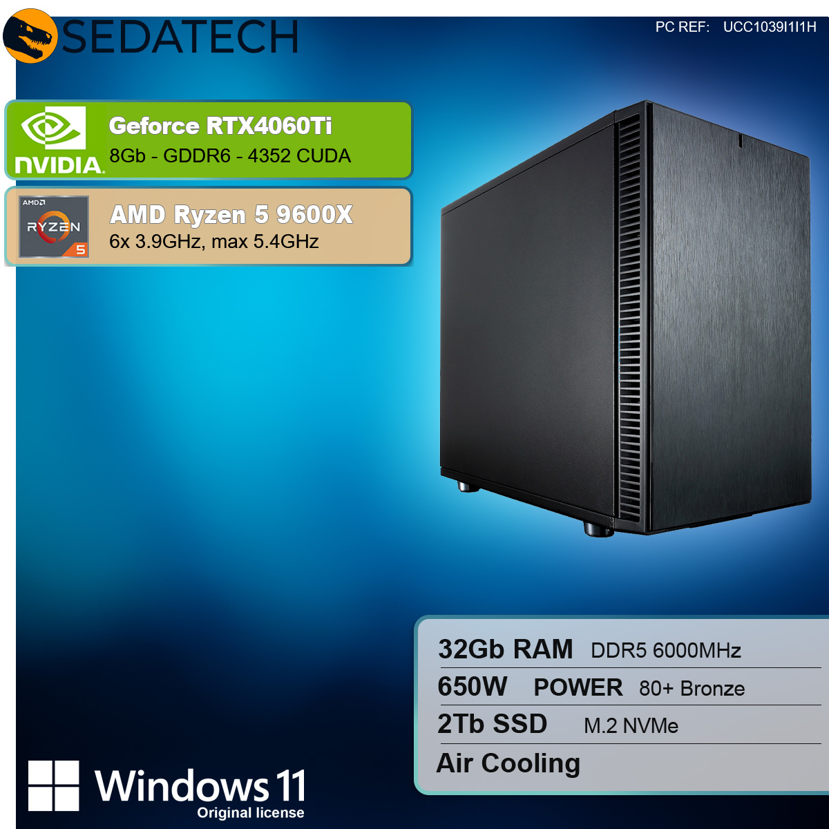 Ein schwarzes Computergehäuse mit den Nvidia- und AMD-Logos. Das Gehäuse steht auf weißem Grund.