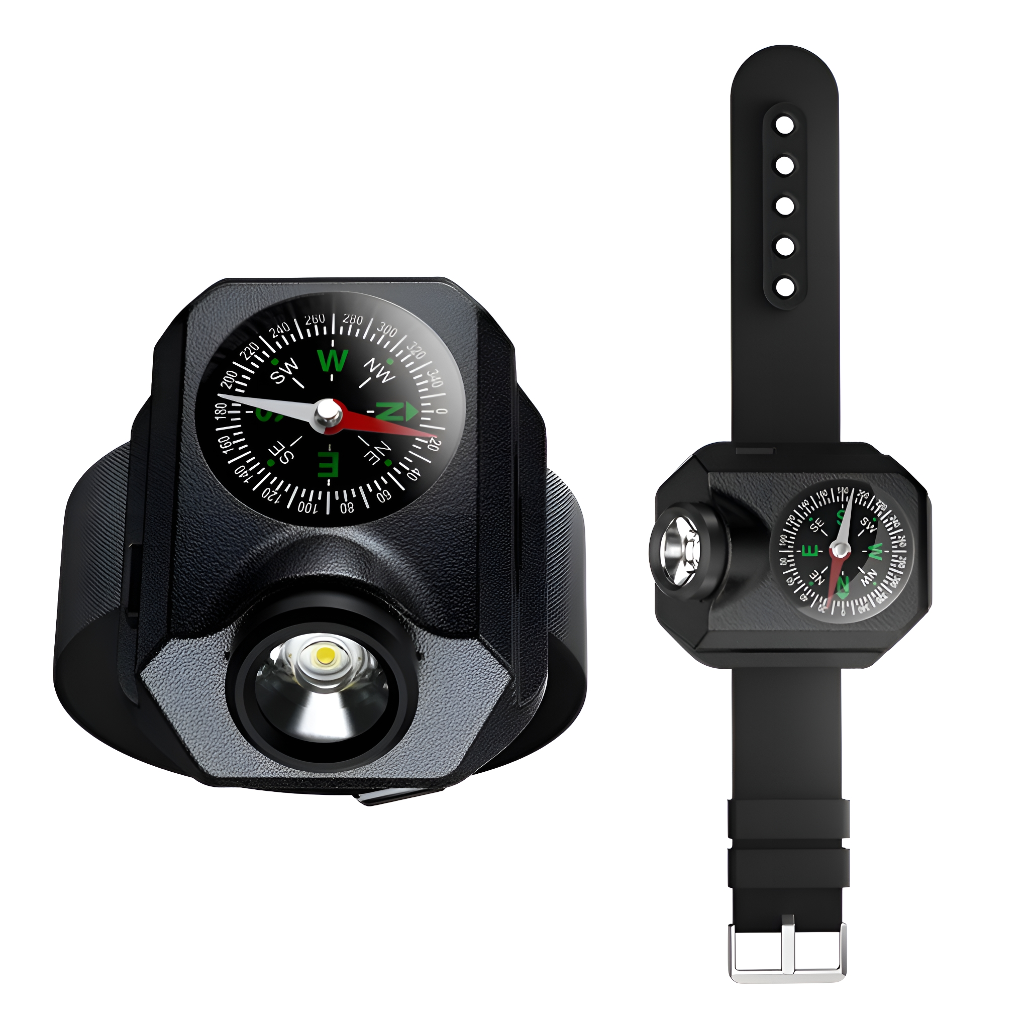Eine schwarze Kompassuhr mit einer Taschenlampe. Die Uhr befindet sich an einem schwarzen Armband und ist angewinkelt.