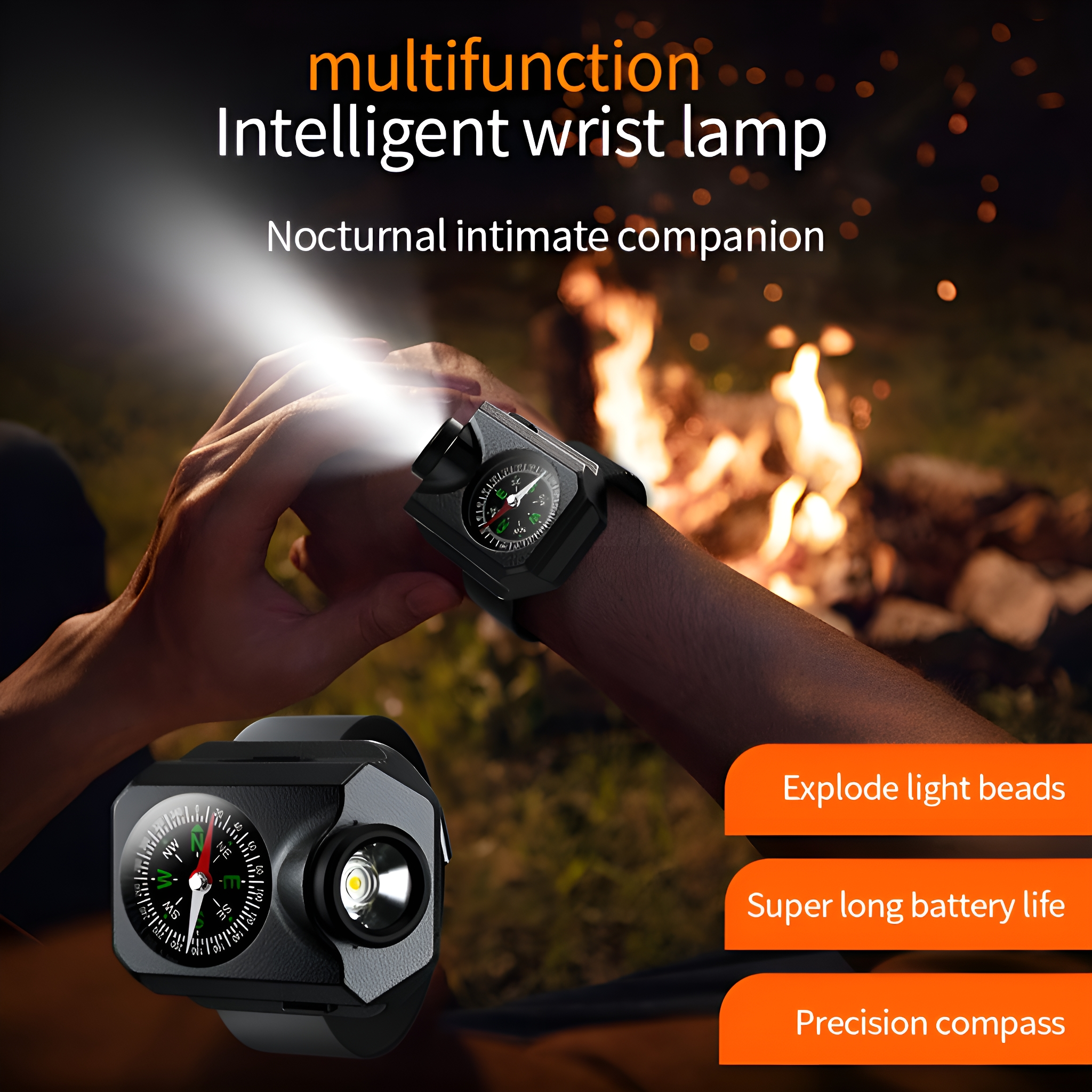 Eine Armbandlampe mit Kompass, Text über Multifunktionalität und Eigenschaften.