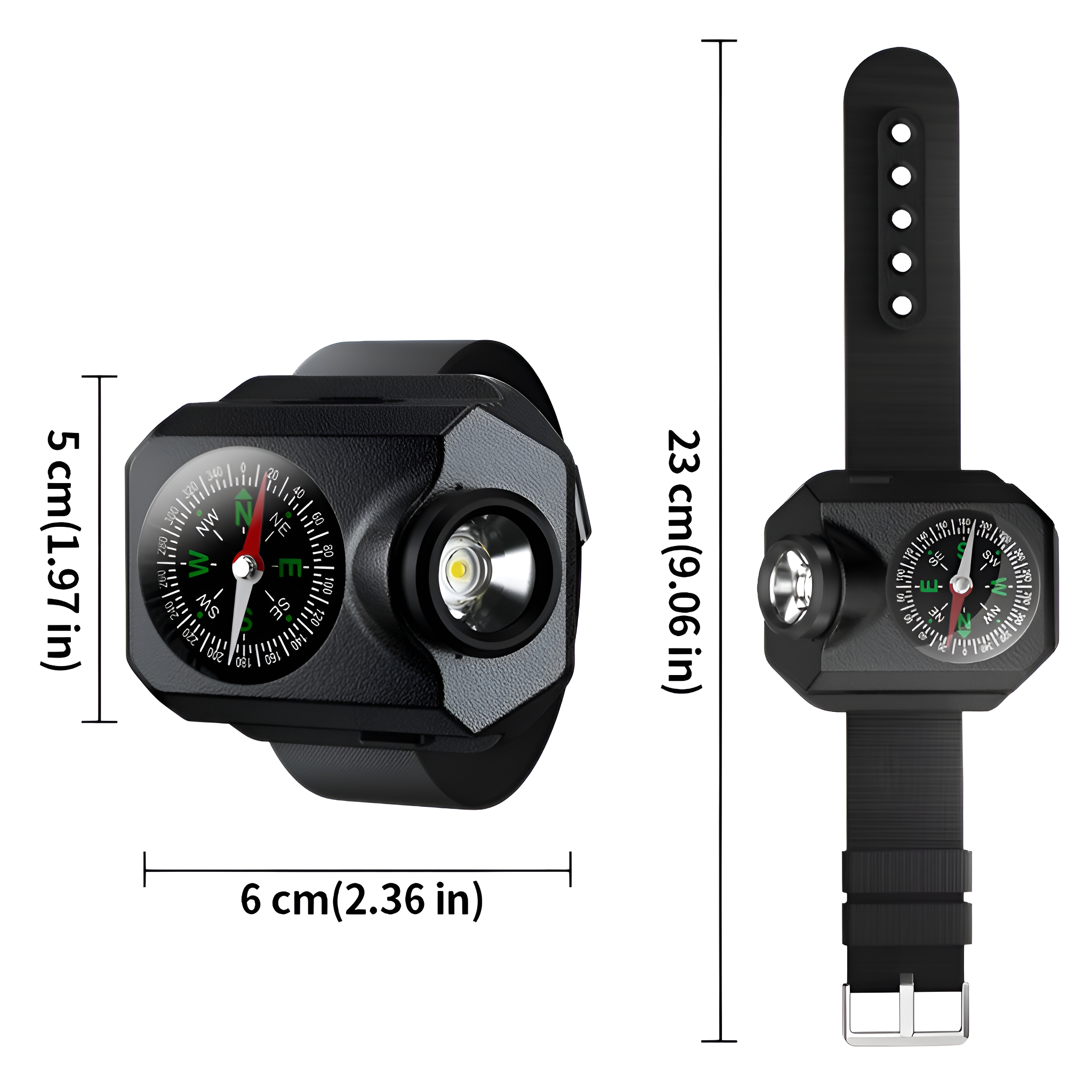 Schwarze Uhr mit Kompass und Licht. Abmessungen sind in cm und Zoll angegeben.