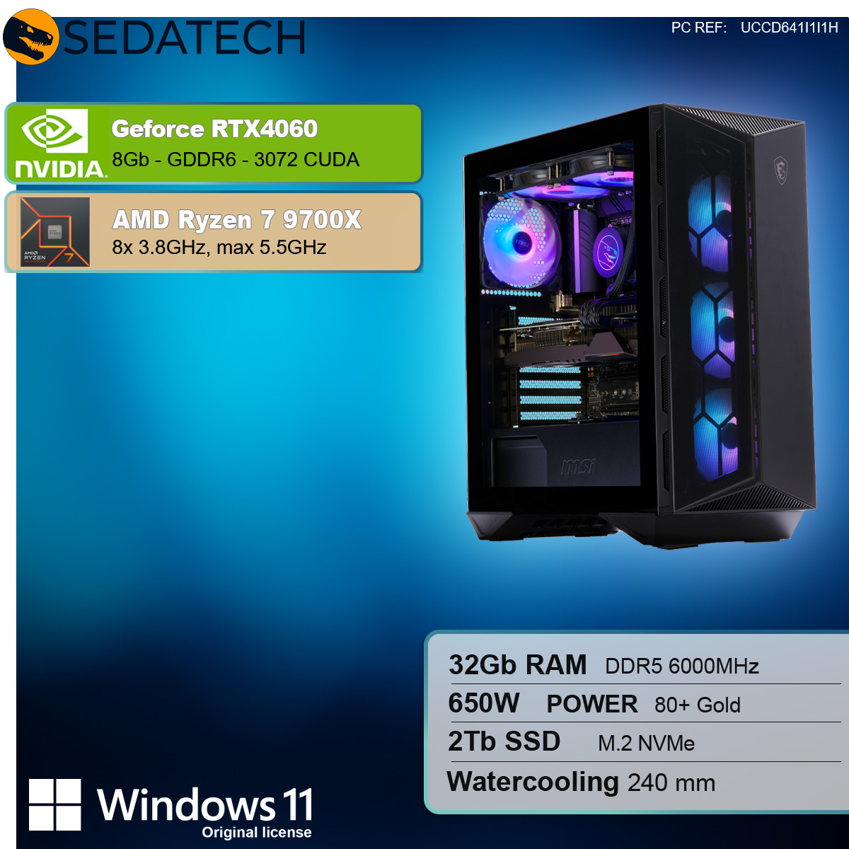 Un case per computer con interni visibili, con una scheda GeForce RTX 4060 e una CPU AMD Ryzen 7 9700X.
